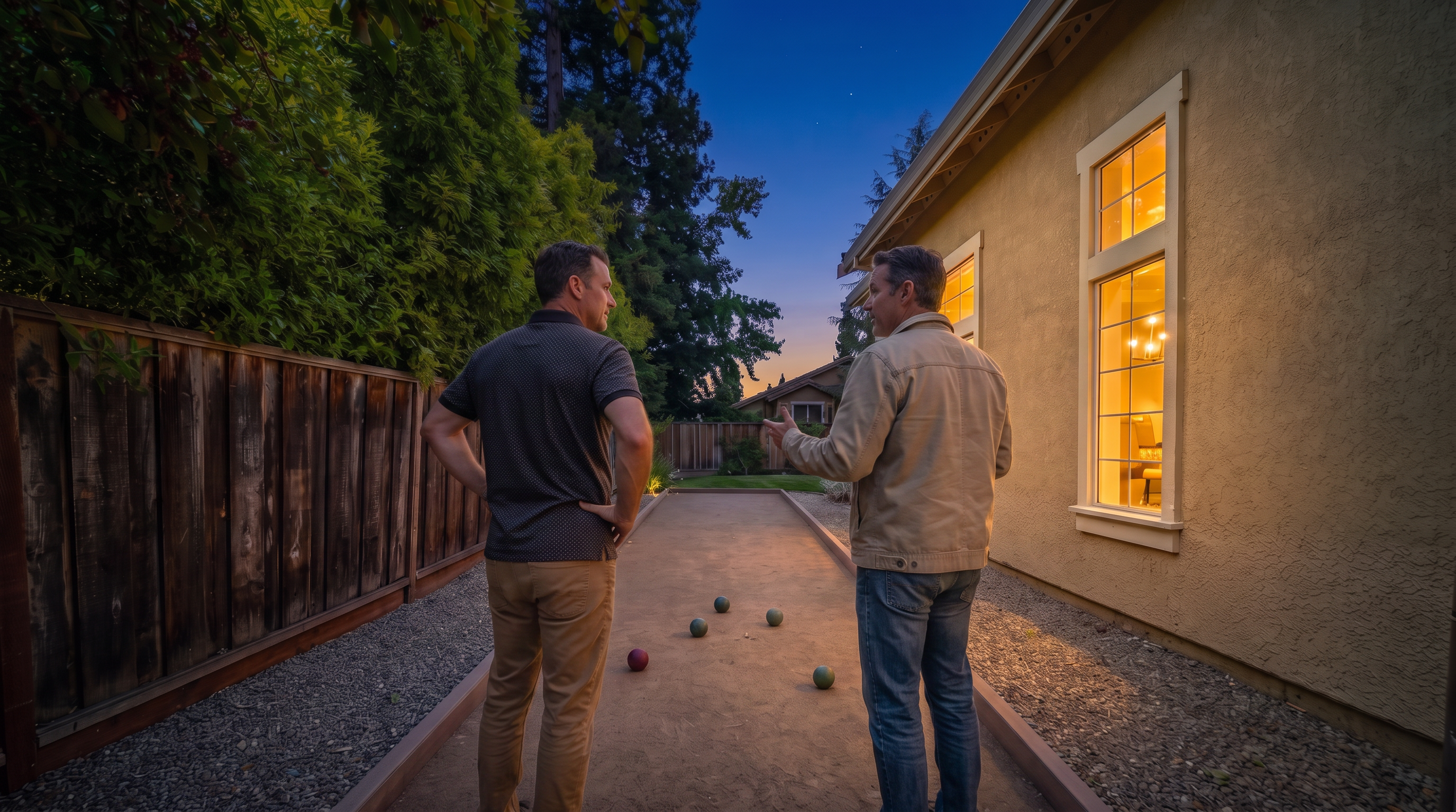 This side yard features a dedicated bocce ball court set against a tall wooden privacy fence and lush green trees. The home's exterior wall, finished in a textured stucco, runs alongside the court, which is accented by several bocce balls scattered on the sand surface. The scene is bathed in bright, natural sunlight, creating a serene and recreational outdoor living space.