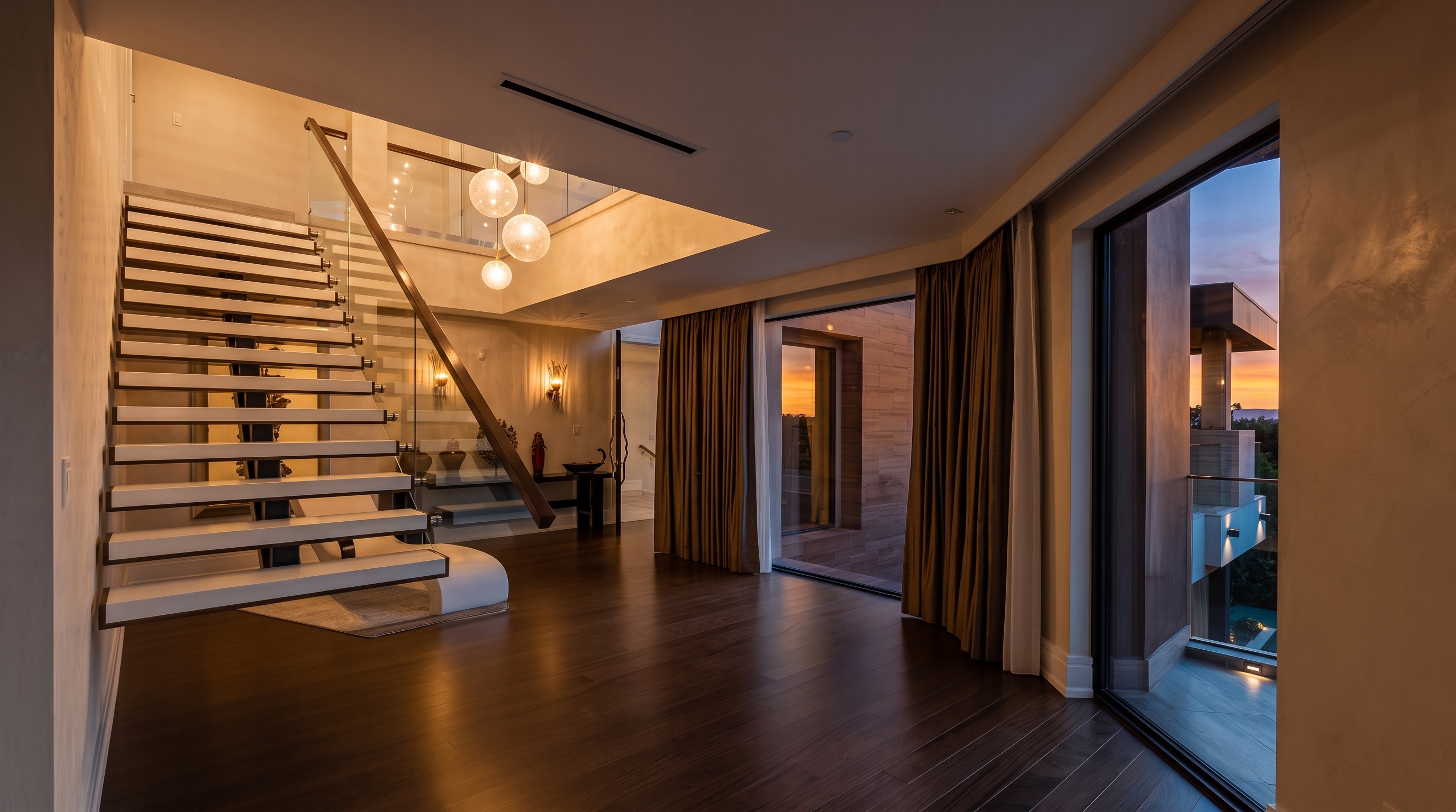 This interior space features a striking floating staircase with white treads and a glass railing, serving as the focal point of the room. The area is finished with dark wood flooring and neutral walls, leading toward a bright, open hallway with large windows that provide natural light. The perspective captures the architectural elegance of the staircase and the seamless transition between the levels of the home.