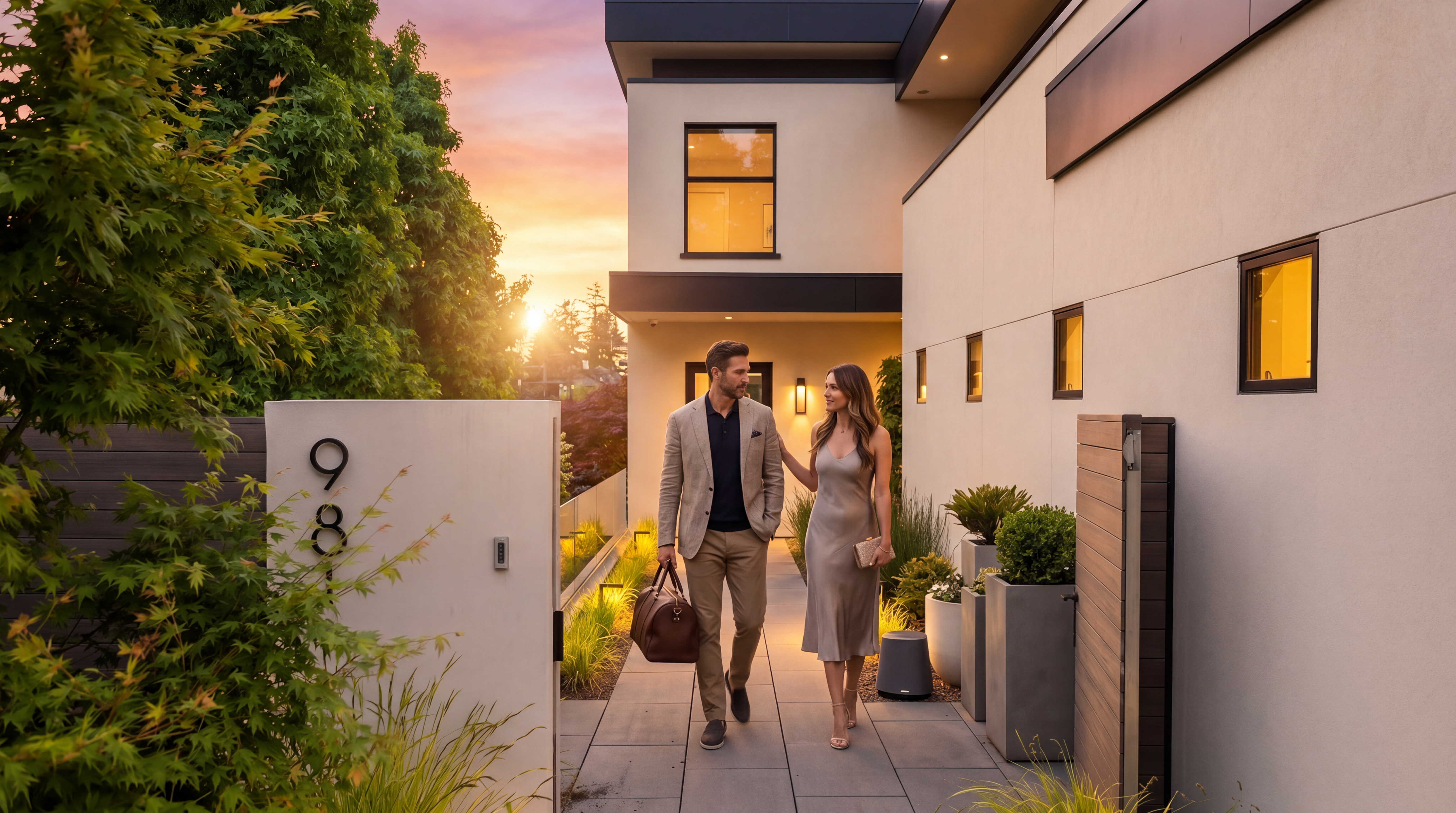 This modern entryway features a clean, minimalist aesthetic with a paved walkway leading to a glass-paneled front door. The structure is defined by smooth, light-colored walls, dark trim accents, and a series of rectangular windows that provide a balanced, geometric look. Warm landscape lighting illuminates the path and the house facade, creating an inviting atmosphere during the twilight hour.