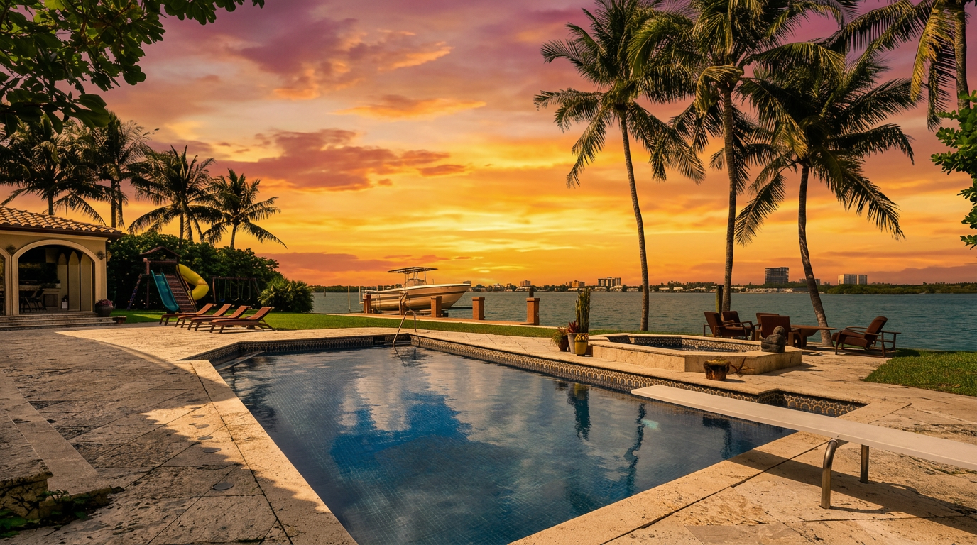 This expansive waterfront backyard features a large rectangular swimming pool with an integrated spa, set against a backdrop of a calm bay and distant city skyline. The stone-paved patio area includes lounge chairs, a diving board, and a children's play set, all framed by tall palm trees. The scene captures a serene, resort-like atmosphere perfect for outdoor entertaining.