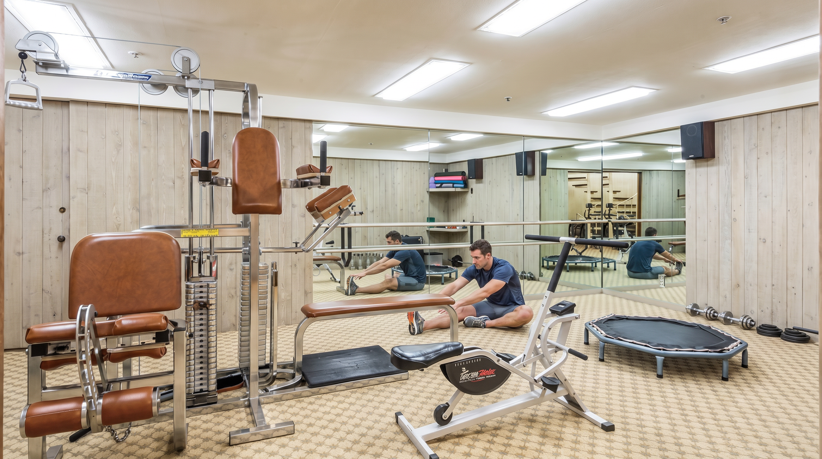 This home gym features a multi-station weight machine, a stationary exercise bike, and a small trampoline, all set against a wall of mirrors that enhances the sense of space. The room is finished with light-toned wood paneling on the walls and a neutral patterned carpet, creating a functional workout environment. The perspective is a wide-angle shot from the doorway, capturing the full layout of the equipment and the reflective surfaces.