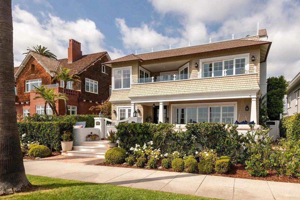 This charming two-story coastal-style home features light-toned shingle siding, a spacious front porch, and a second-level balcony with glass railings. The property is framed by lush, manicured hedges and a well-maintained front garden, with a brick walkway leading to the gated entrance. The perspective is a straight-on street view, capturing the inviting curb appeal and the architectural character of the residence.