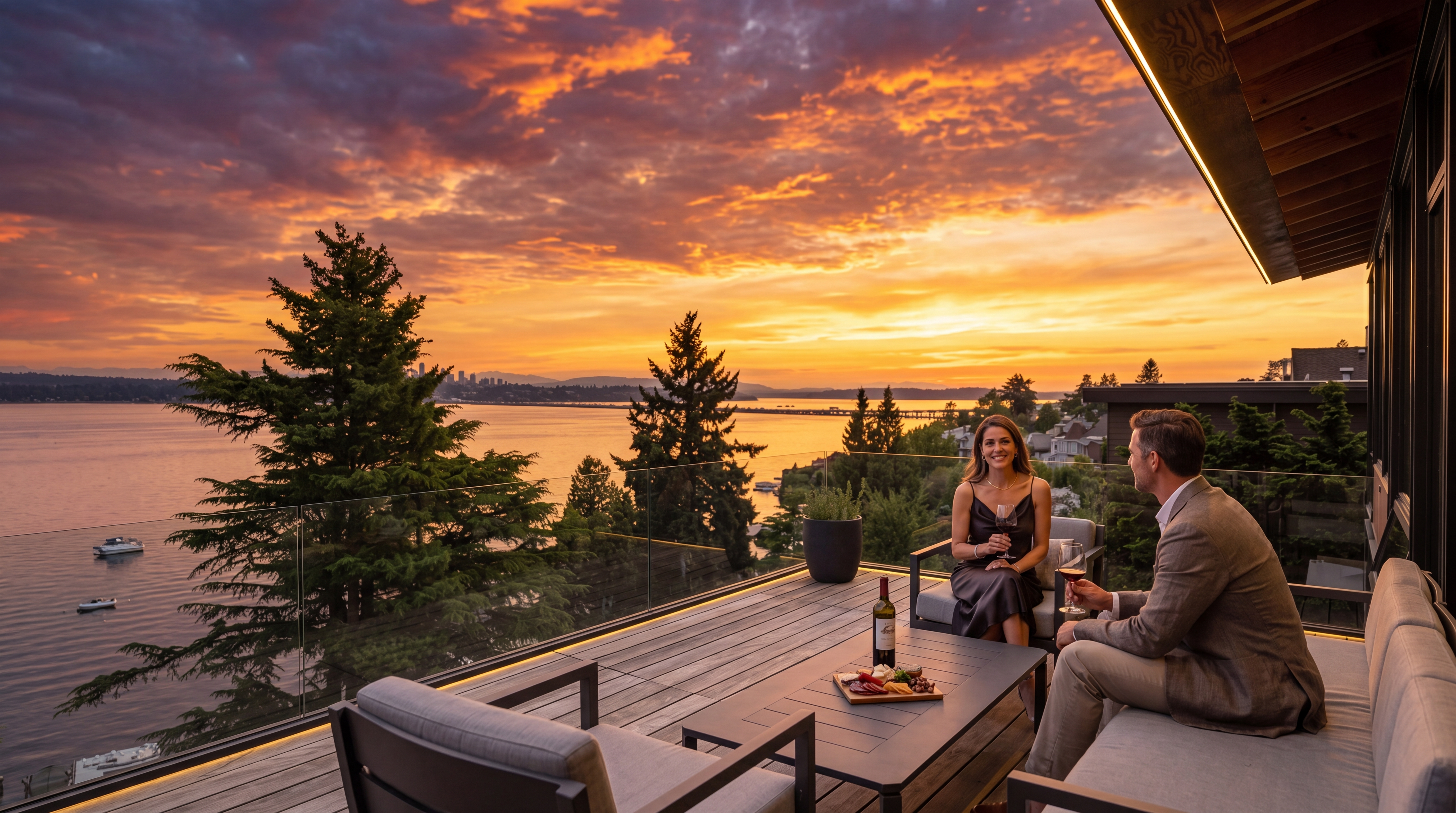 This elevated deck offers a panoramic view of a large lake and distant hills under a bright, cloudy sky. The space is furnished with modern, dark-framed outdoor seating and a central table, all set upon light-toned wooden decking. A glass railing provides an unobstructed view, while the overhanging roof structure adds a touch of architectural warmth to the contemporary design.