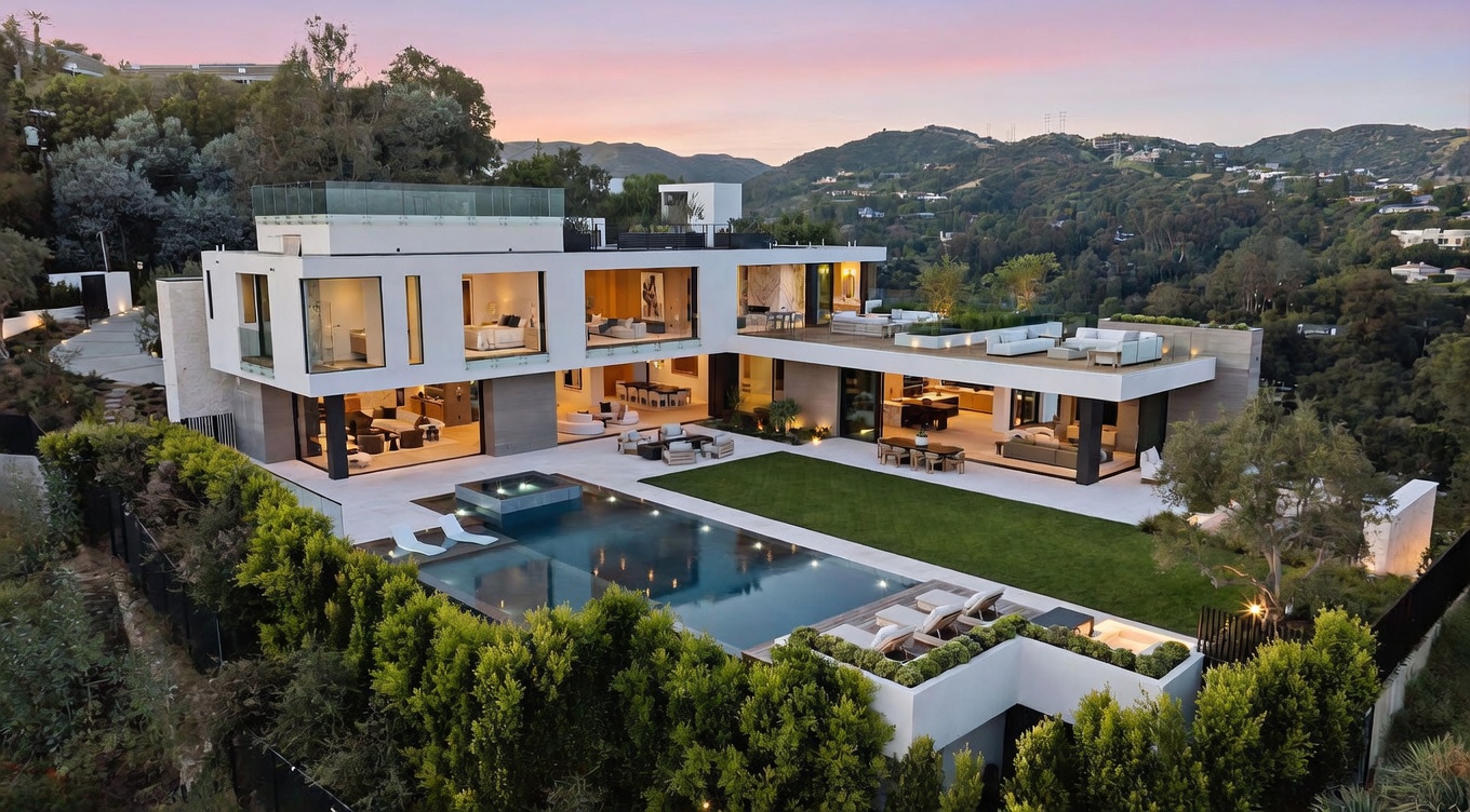 This stunning aerial view captures a contemporary luxury estate nestled in a hillside setting at dusk. The multi-level residence features expansive glass walls, multiple outdoor lounge areas, and a sleek infinity-edge pool overlooking the surrounding landscape. The property seamlessly blends indoor and outdoor living with a manicured lawn and sophisticated architectural lines.