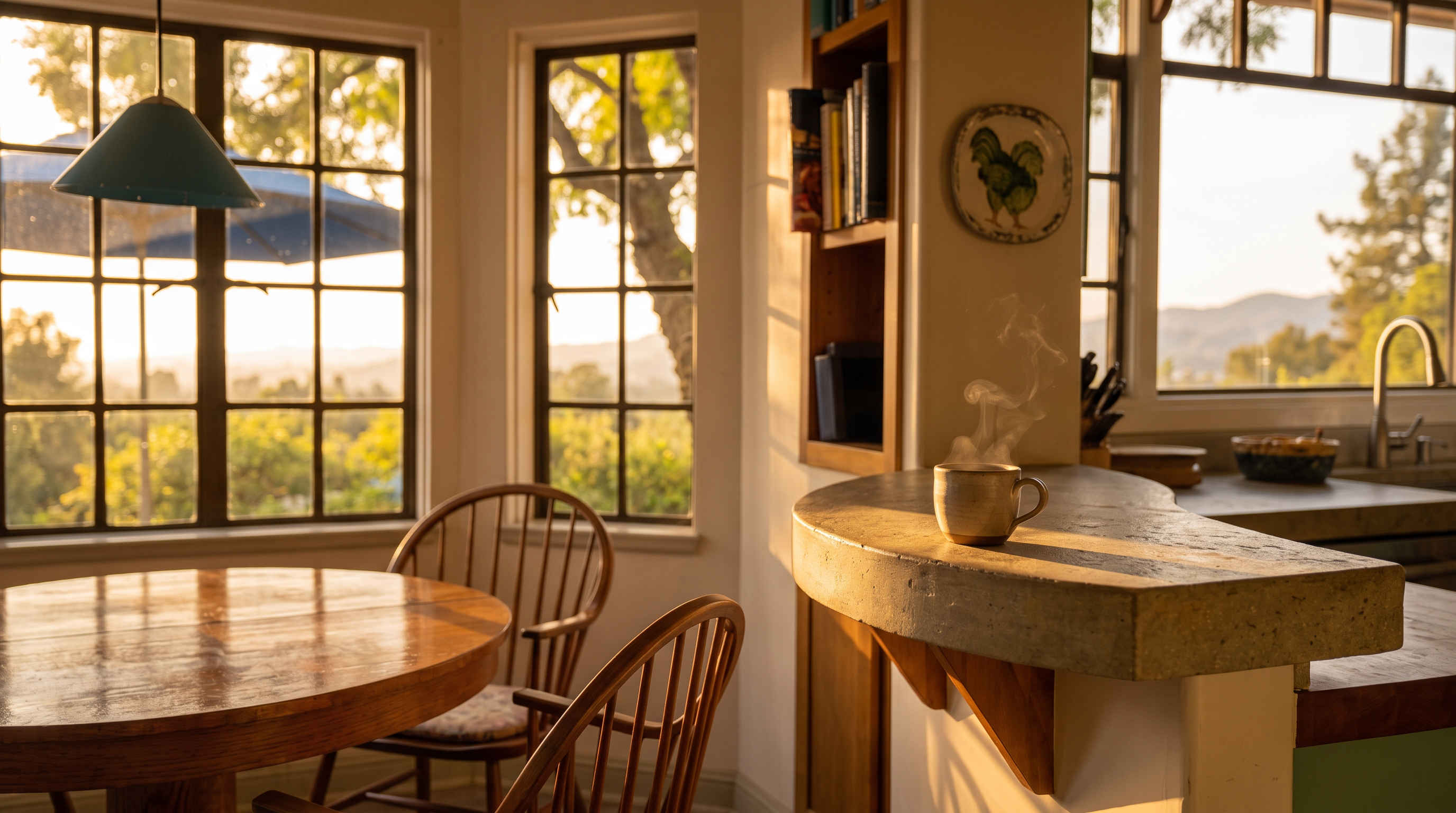 This bright dining area features a round wooden table surrounded by four spindle-back chairs, positioned next to large windows that offer a scenic view of the outdoors. A built-in shelving unit is integrated into the wall, providing convenient storage, while a pendant light hangs above the table. The space flows directly into an adjacent kitchen, which is equipped with stainless steel appliances and a breakfast bar, creating an open and functional layout.
