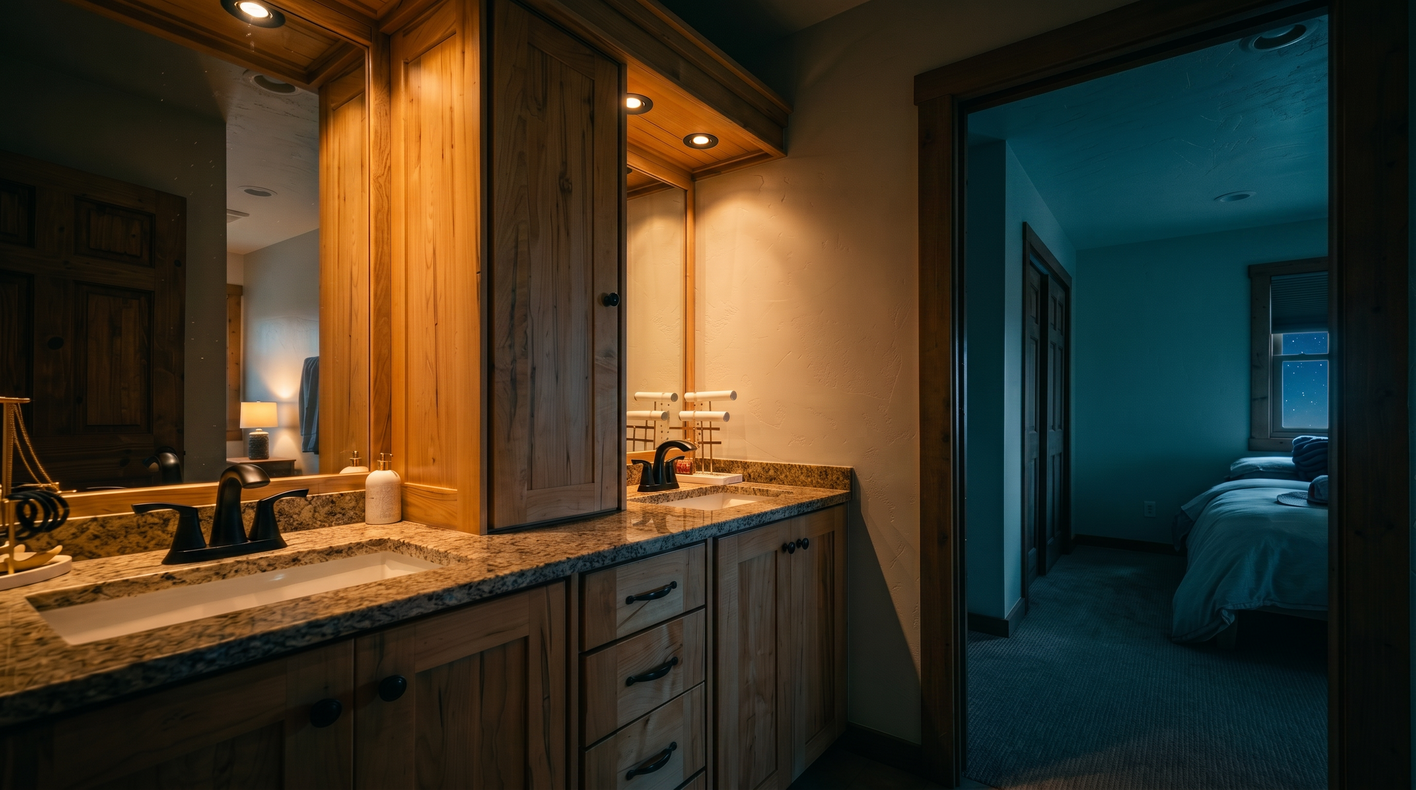 This bathroom features a dual-sink vanity with light wood cabinetry, stone countertops, and dark hardware. A tall central cabinet separates the two sinks, and the space is illuminated by recessed lighting and mirrors. The room connects directly to an adjacent bedroom, which is visible through the open doorway.