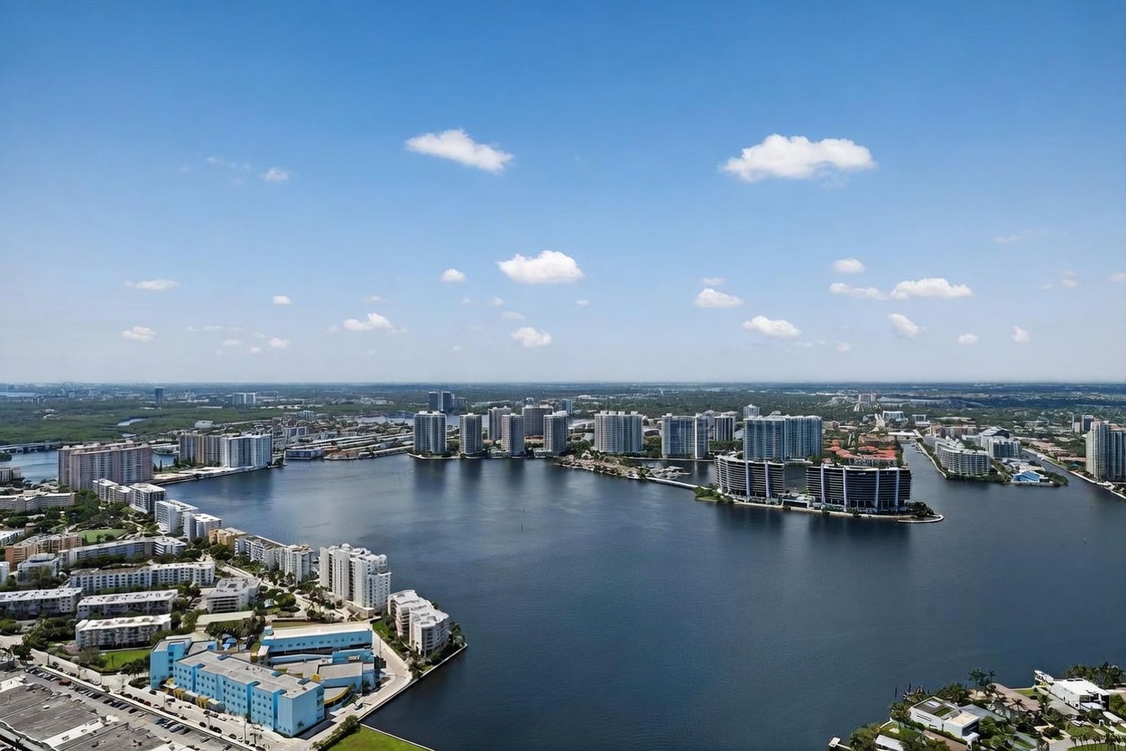 This high-altitude aerial view captures a sprawling coastal landscape featuring a large body of water surrounded by numerous high-rise residential buildings. The perspective highlights the density of the urban development integrated with the waterfront, showcasing a bright, sunny day with a clear blue sky. The composition emphasizes the expansive scale of the community and its prime location along the water.