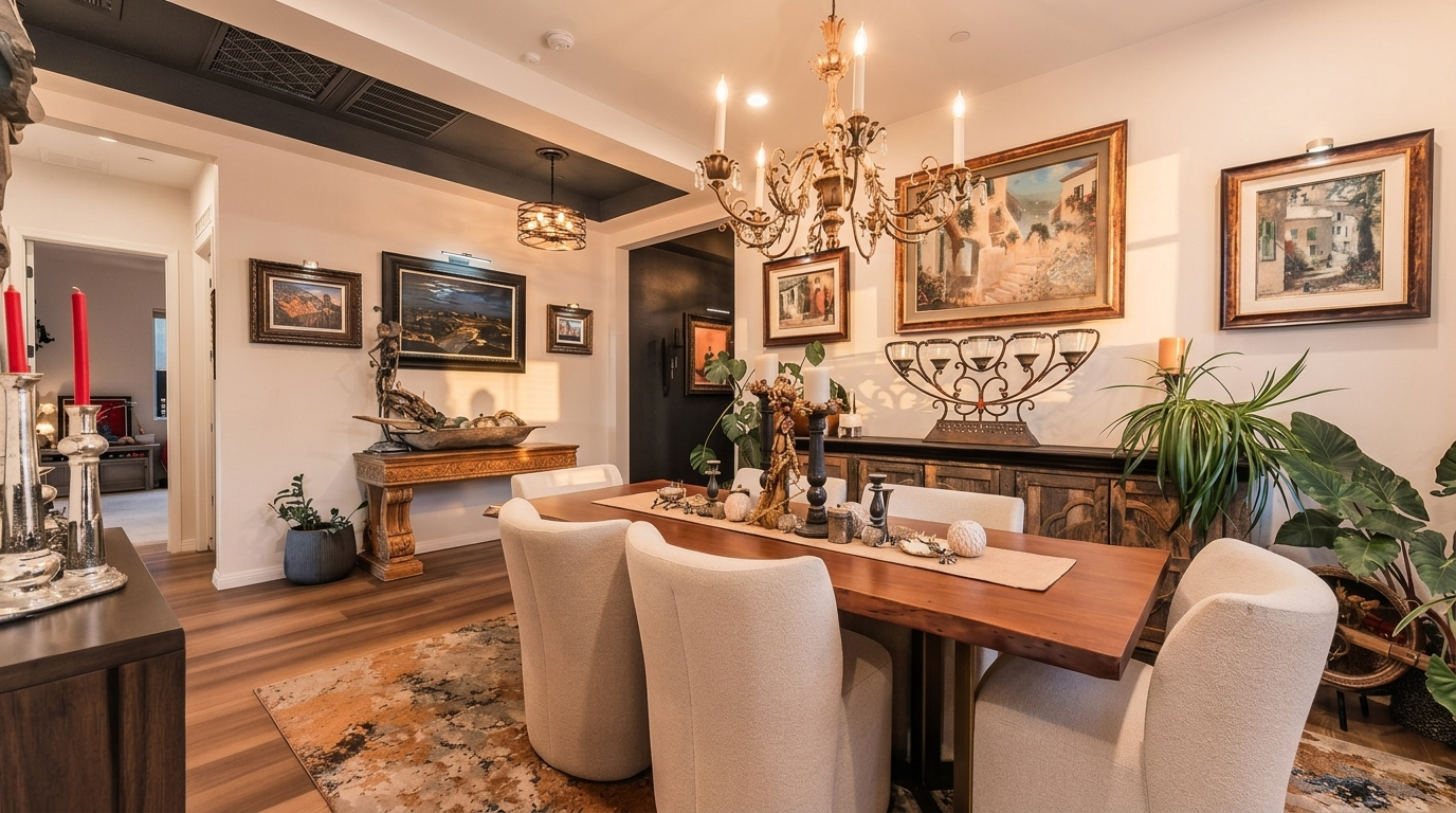 This elegant dining room features a long wooden table surrounded by upholstered chairs, set beneath a grand, multi-tiered chandelier. The space is decorated with multiple framed artworks on the walls, a dark-toned accent wall, and a large sideboard topped with decorative items. A patterned area rug anchors the room, creating a sophisticated and formal atmosphere suitable for entertaining.