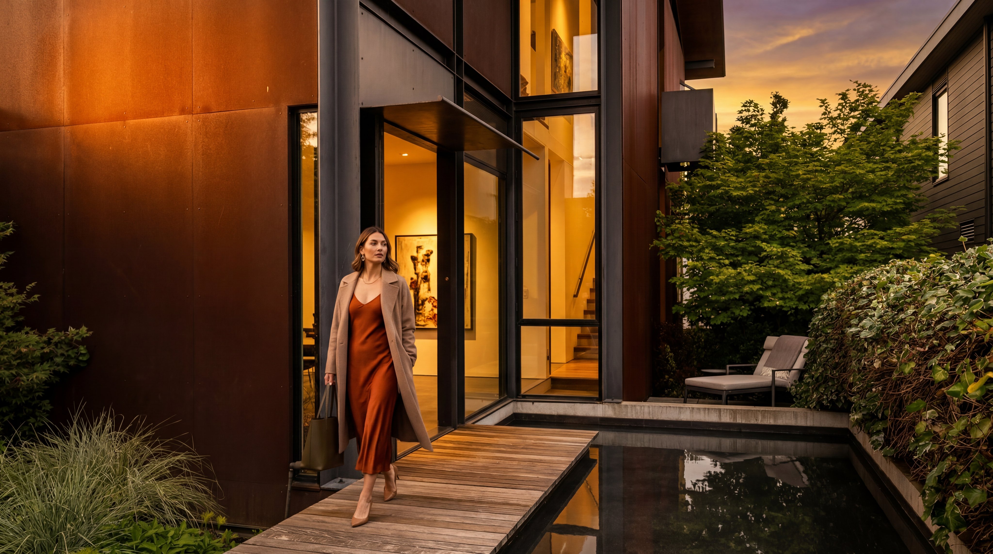 This modern entryway features a striking architectural design with rusted metal paneling and expansive floor-to-ceiling glass windows. A wooden boardwalk extends over a reflective water feature, leading directly to the entrance. The composition highlights a sophisticated blend of industrial materials and natural elements, creating a serene and contemporary aesthetic.