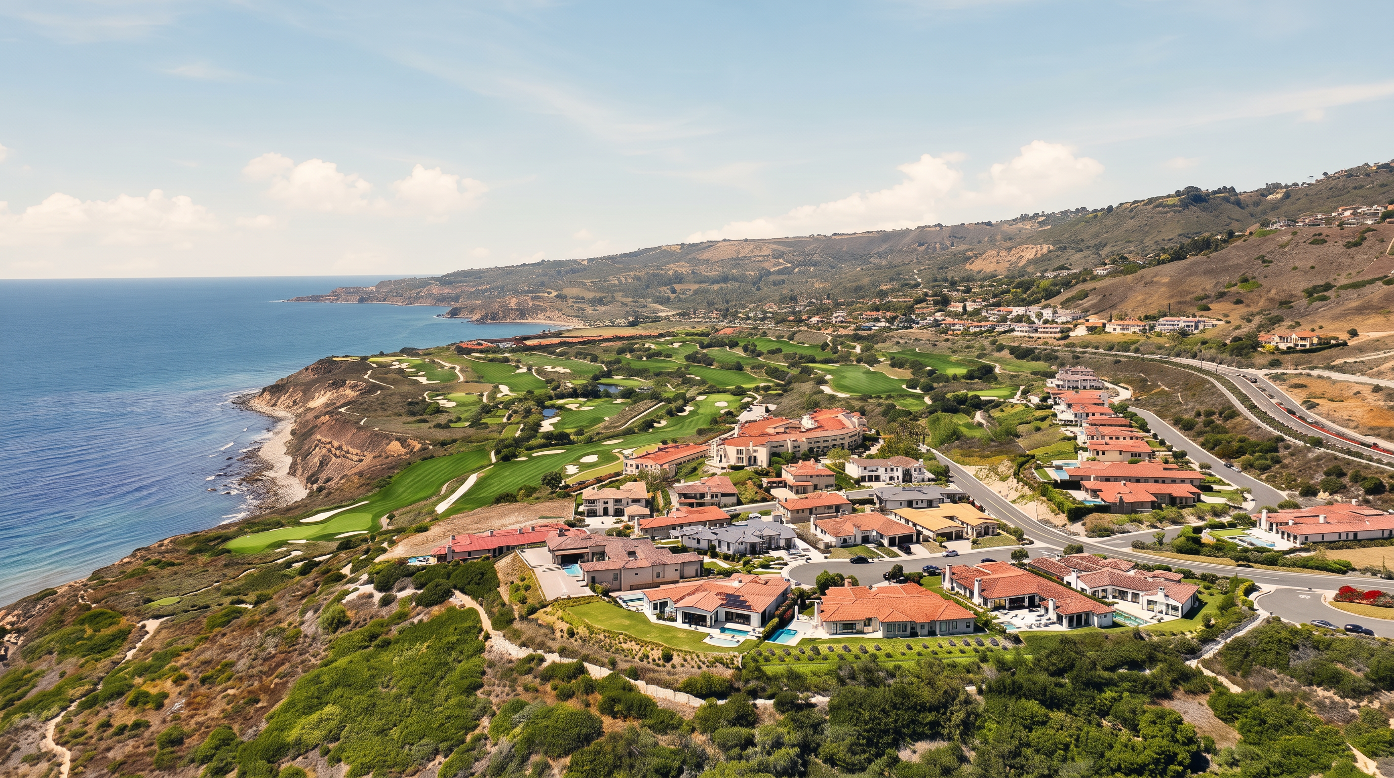 This high-altitude aerial perspective captures a luxurious coastal residential community nestled along a rugged cliffside overlooking the ocean. The scene features Mediterranean-style homes with terracotta-tiled roofs, surrounded by lush green golf course fairways and native coastal vegetation. The expansive view highlights the dramatic transition from the manicured landscape to the deep blue sea, emphasizing the property's prime location and scenic surroundings.