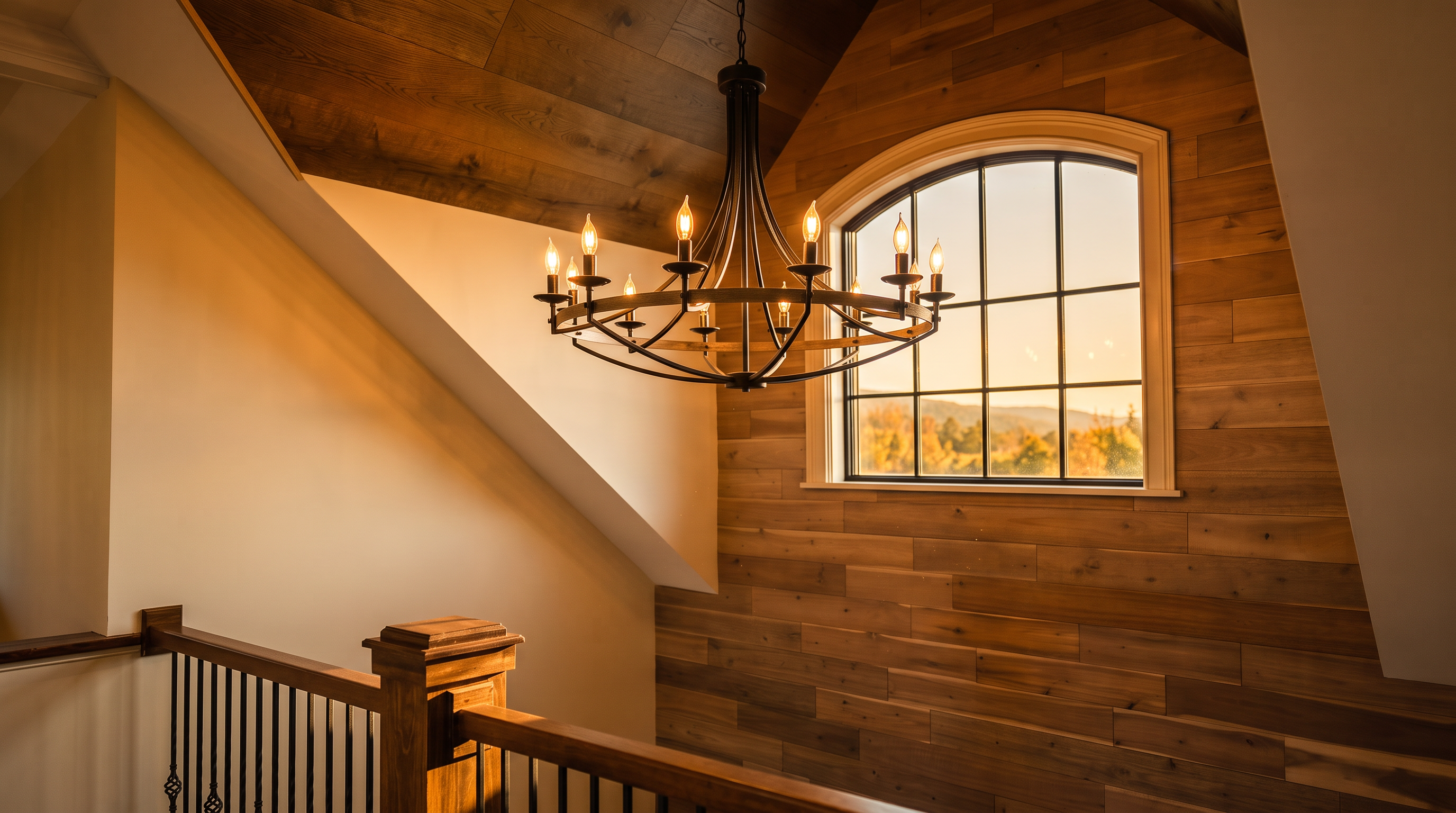 This interior view showcases a grand, elevated staircase landing featuring striking wooden plank wall paneling and a high, vaulted ceiling. A statement wrought-iron chandelier with candelabra-style bulbs serves as the focal point, while an arched window provides ample natural light and a view of the outdoors. The combination of rich wood tones and polished architectural lines creates a warm, sophisticated, and rustic-inspired atmosphere.