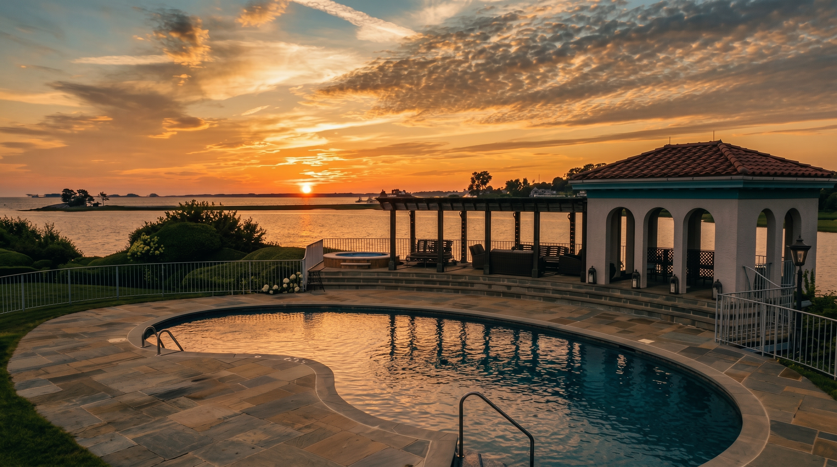 This elevated aerial perspective captures a luxurious outdoor living space featuring a curved swimming pool surrounded by a stone patio and multiple lounge chairs. A raised terrace area includes a built-in hot tub and a covered pergola structure, all set against a panoramic backdrop of a calm bay and distant shoreline. The scene conveys a serene, high-end resort atmosphere perfect for waterfront entertaining.