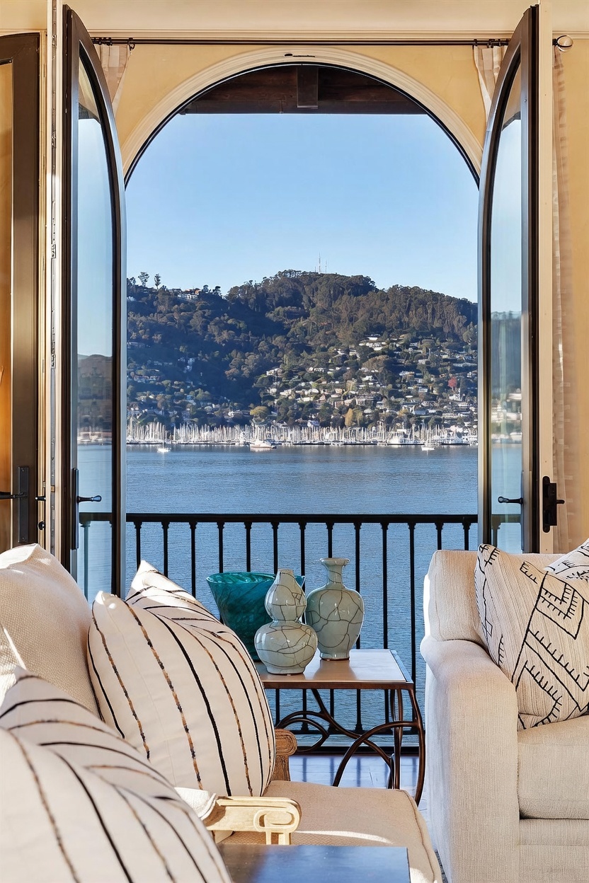 This interior view captures a cozy living space framed by large, arched glass doors that open onto a balcony overlooking a serene bay. The foreground features plush, light-toned seating adorned with patterned throw pillows and a small side table holding decorative ceramic vases. The perspective draws the eye through the open doors toward the expansive water view and the lush, hillside neighborhood in the distance, creating a bright and tranquil atmosphere.