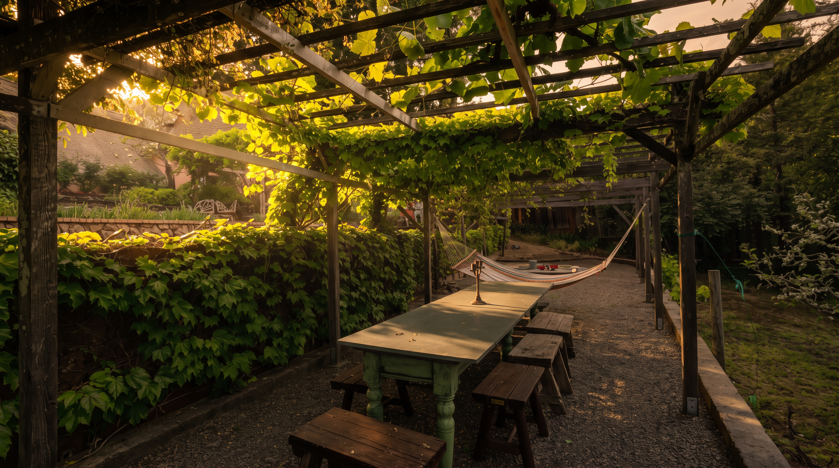 This outdoor dining area features a long, light-green painted table set beneath a rustic wooden pergola draped in lush green vines. The space is situated on a gravel patio, complemented by wooden stools and a hammock hanging in the background, creating a serene and shaded retreat. The perspective is a wide-angle shot looking down the length of the pergola, emphasizing the inviting, natural atmosphere of the garden setting.