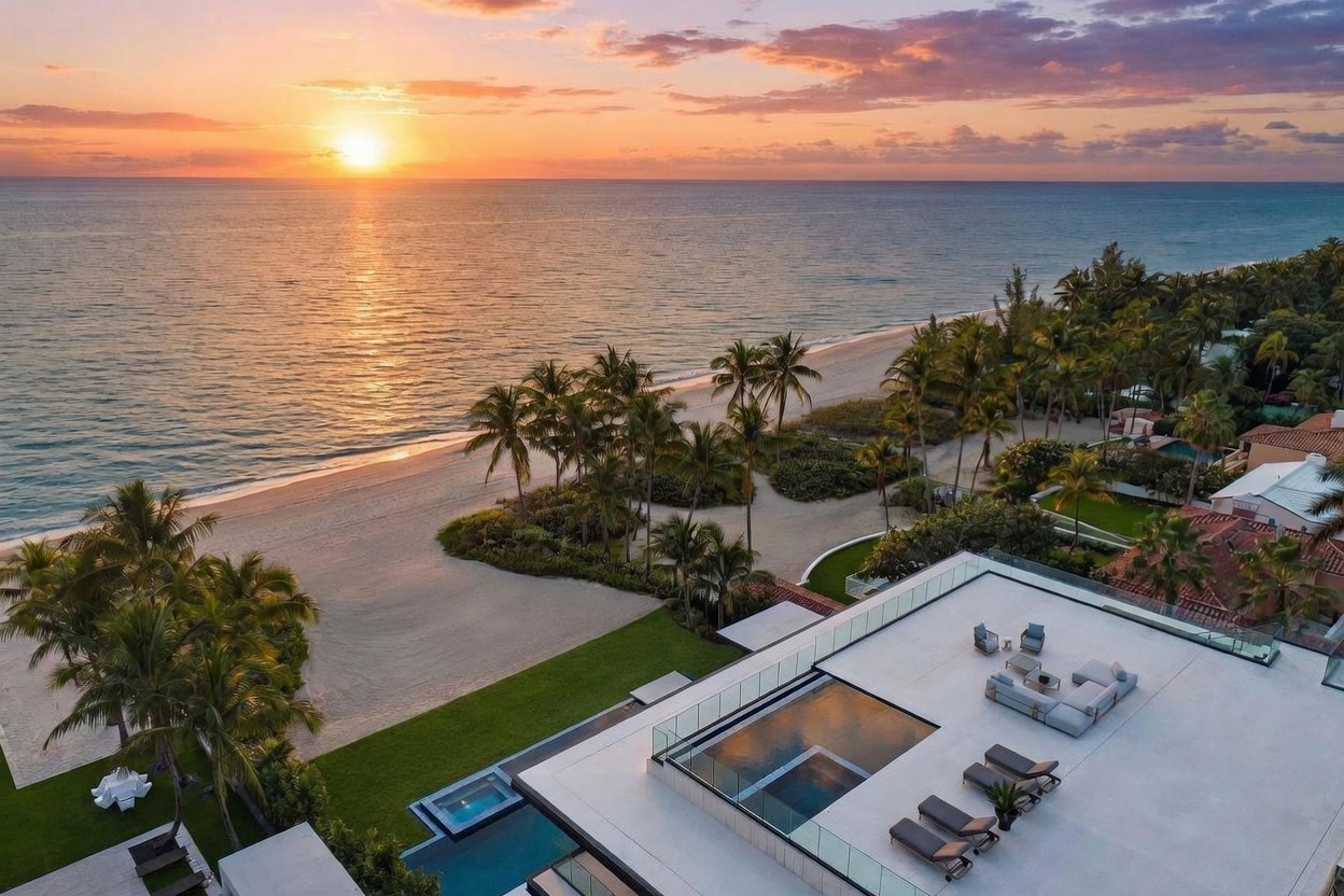 This high-angle aerial shot captures a luxurious beachfront property at sunset, showcasing a modern rooftop terrace with a glass-enclosed pool and lounge area. The residence sits directly on the coastline, featuring a manicured lawn that transitions into a private sandy beach lined with palm trees. The warm, golden light of the setting sun reflects off the ocean, creating a serene and high-end coastal atmosphere.