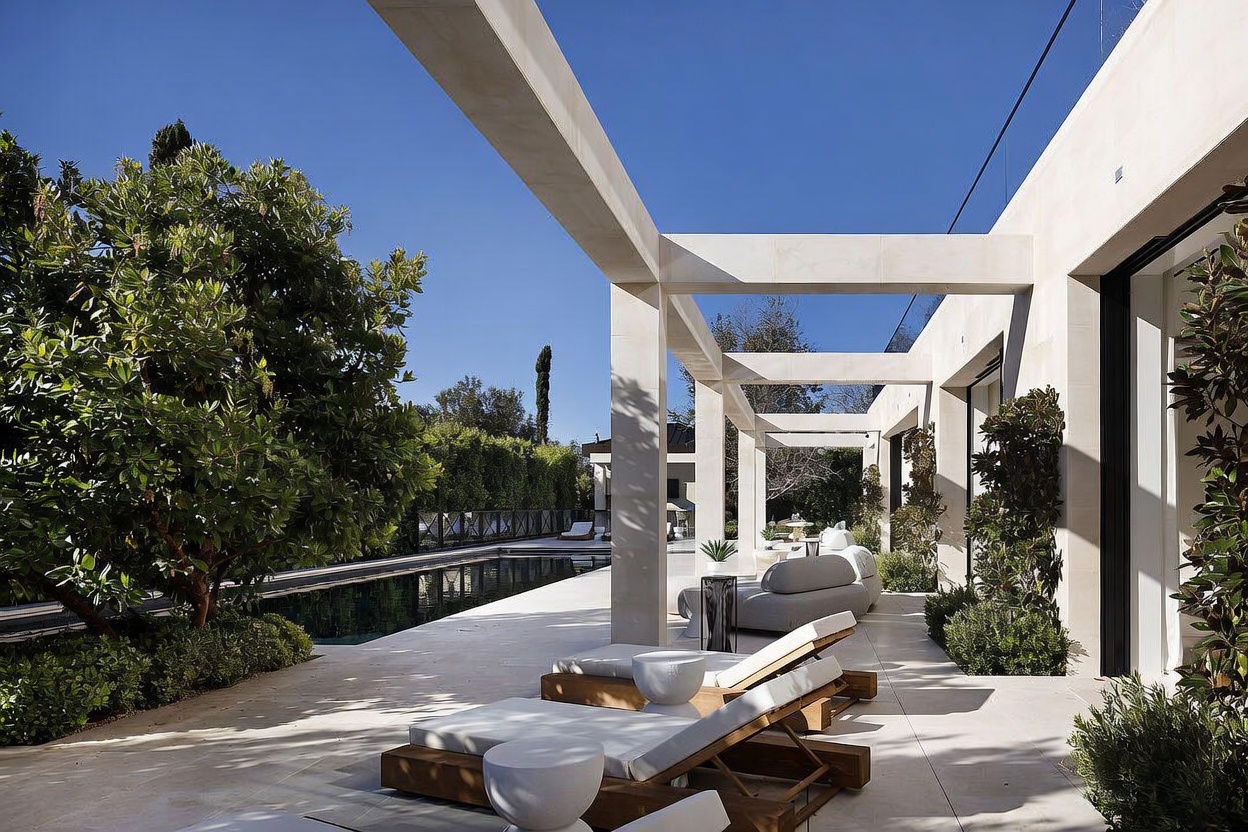 This elegant outdoor living space features a covered patio area with a minimalist pergola structure, providing a seamless transition between the home's interior and the backyard. The space is furnished with modern lounge chairs and plush seating, overlooking a long, rectangular swimming pool bordered by lush greenery and manicured hedges. The bright, sunny atmosphere and clean architectural lines create a sophisticated and tranquil environment perfect for relaxation or entertaining.