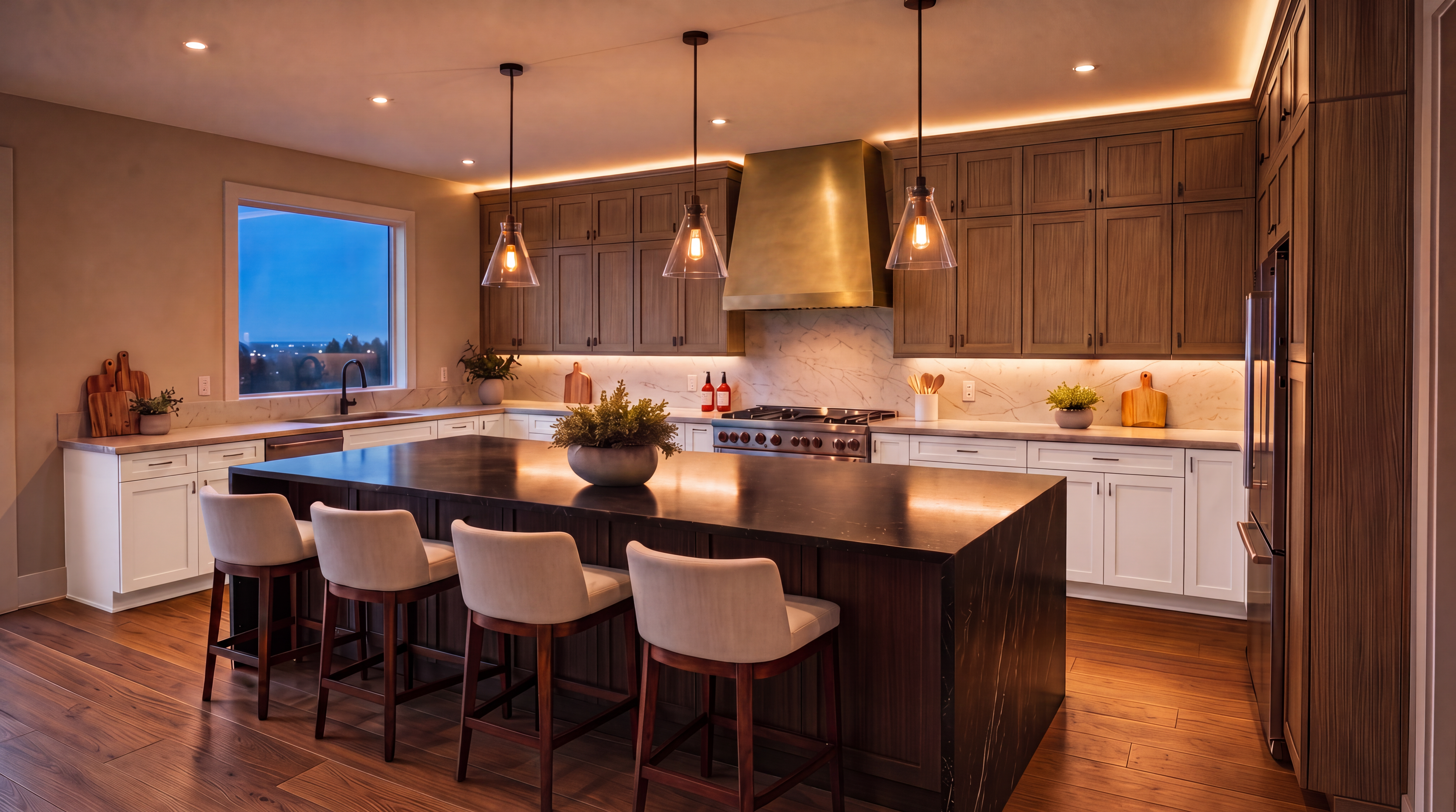 This sophisticated kitchen features rich wood cabinetry, high-end stainless steel appliances, and a dramatic black stone-topped island with seating for four. Elegant pendant lights and warm under-cabinet lighting highlight the marble backsplash, creating a luxurious and welcoming atmosphere. The space blends modern functionality with a warm, refined aesthetic perfect for contemporary living.