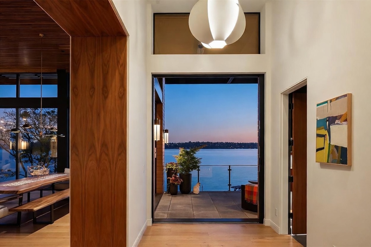 This interior view captures a transition space featuring warm wood paneling and light-toned flooring, leading the eye toward a large glass opening that reveals a sunset view over the water. To the left, a dining area is partially visible with a long wooden table, while a piece of abstract art hangs on the right wall. The space is illuminated by a large, sculptural pendant light, creating a sophisticated and serene atmosphere that emphasizes the home's connection to the outdoors.