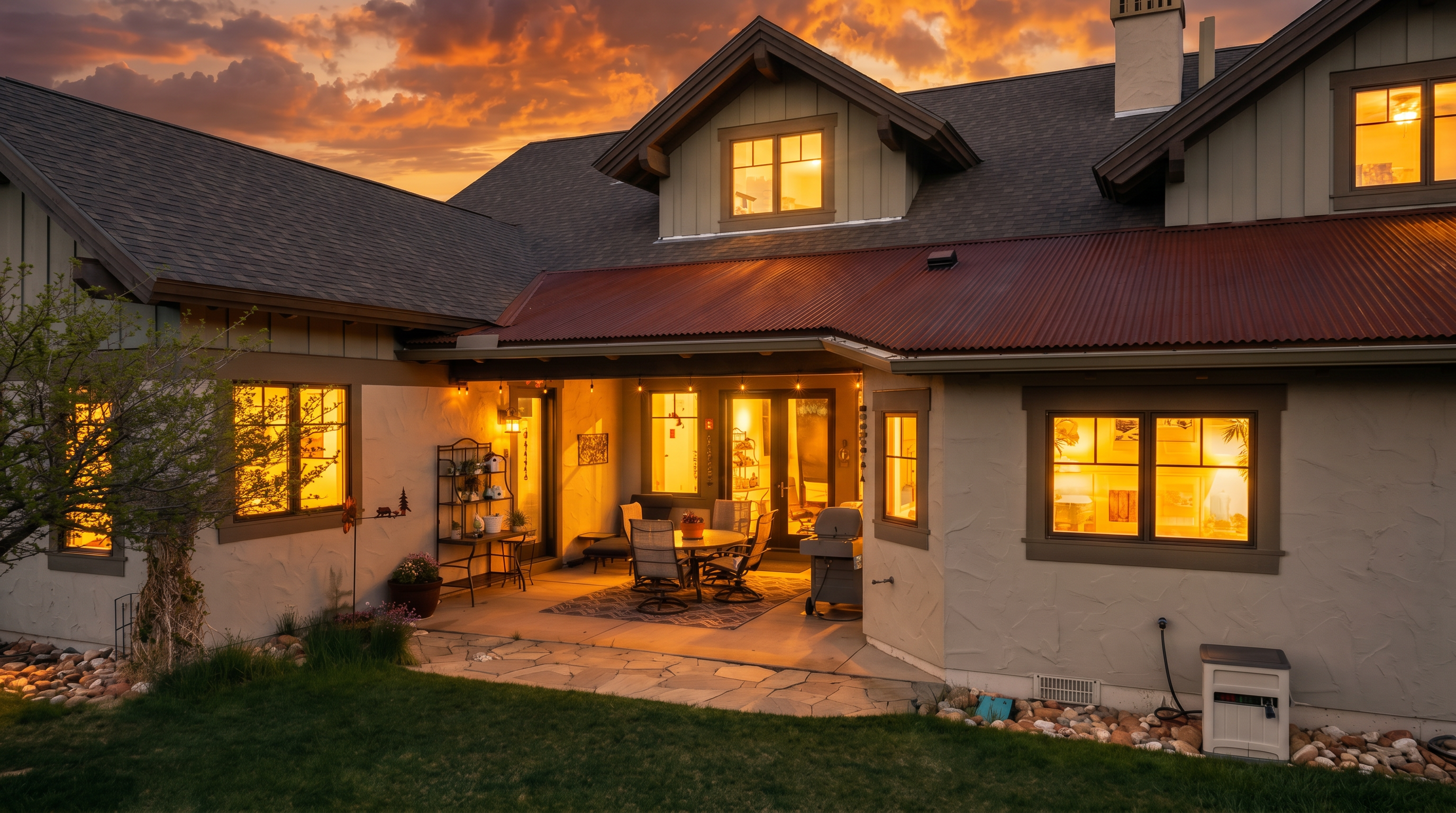 This inviting rear patio area features a covered space with a rustic metal roof, perfect for outdoor dining and relaxation. The scene is captured at sunset, with warm light glowing from the interior windows and string lights, creating a cozy and welcoming atmosphere. A stone-paved patio transitions into a well-manicured lawn, highlighting the home's seamless connection to the outdoors.