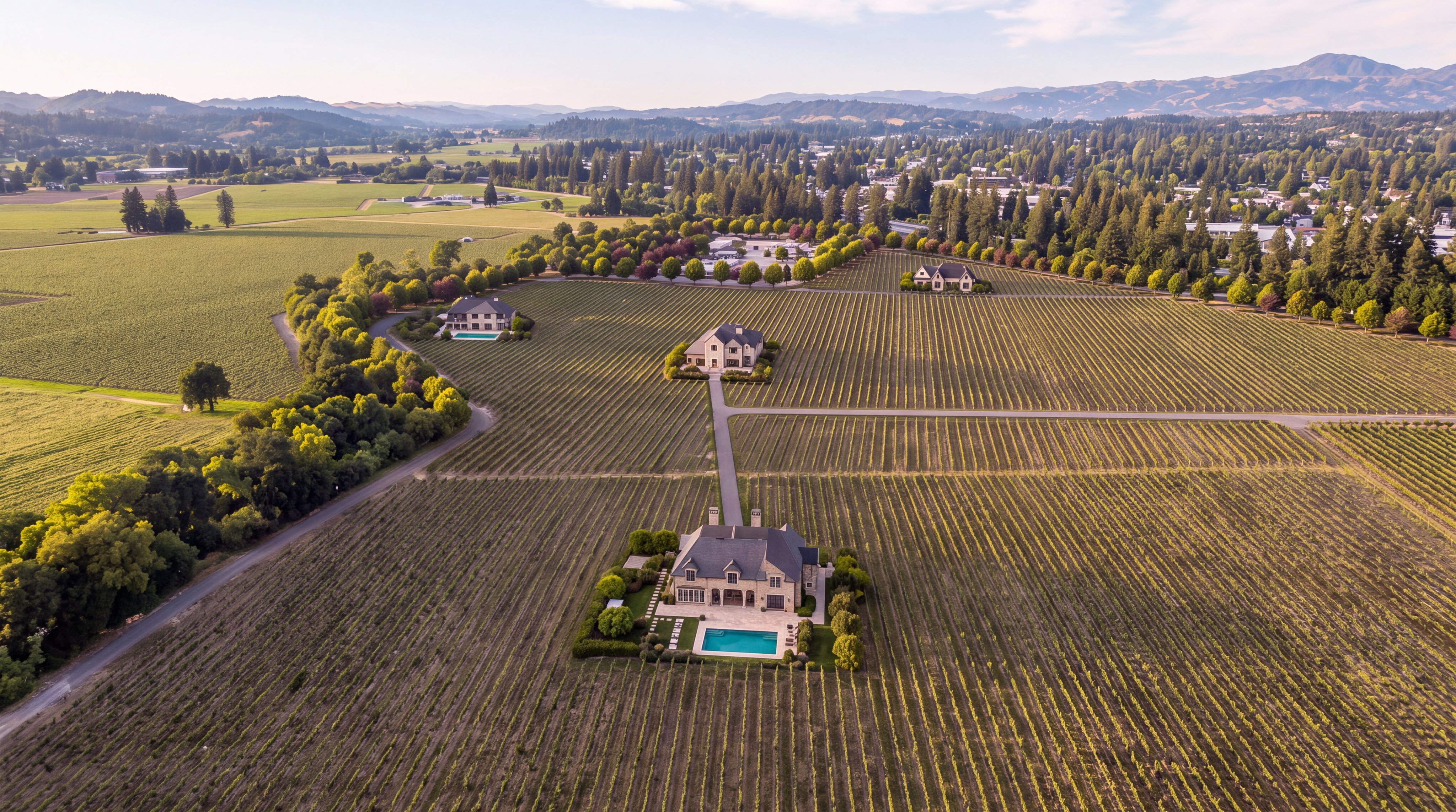 This stunning aerial view showcases a luxurious estate nestled within expansive rows of vineyards. The property features a grand residence with a pristine swimming pool, surrounded by meticulously maintained landscaping and secondary dwellings, all set against a backdrop of rolling hills and dense forest. It conveys an atmosphere of exclusivity, tranquility, and high-end rural living.