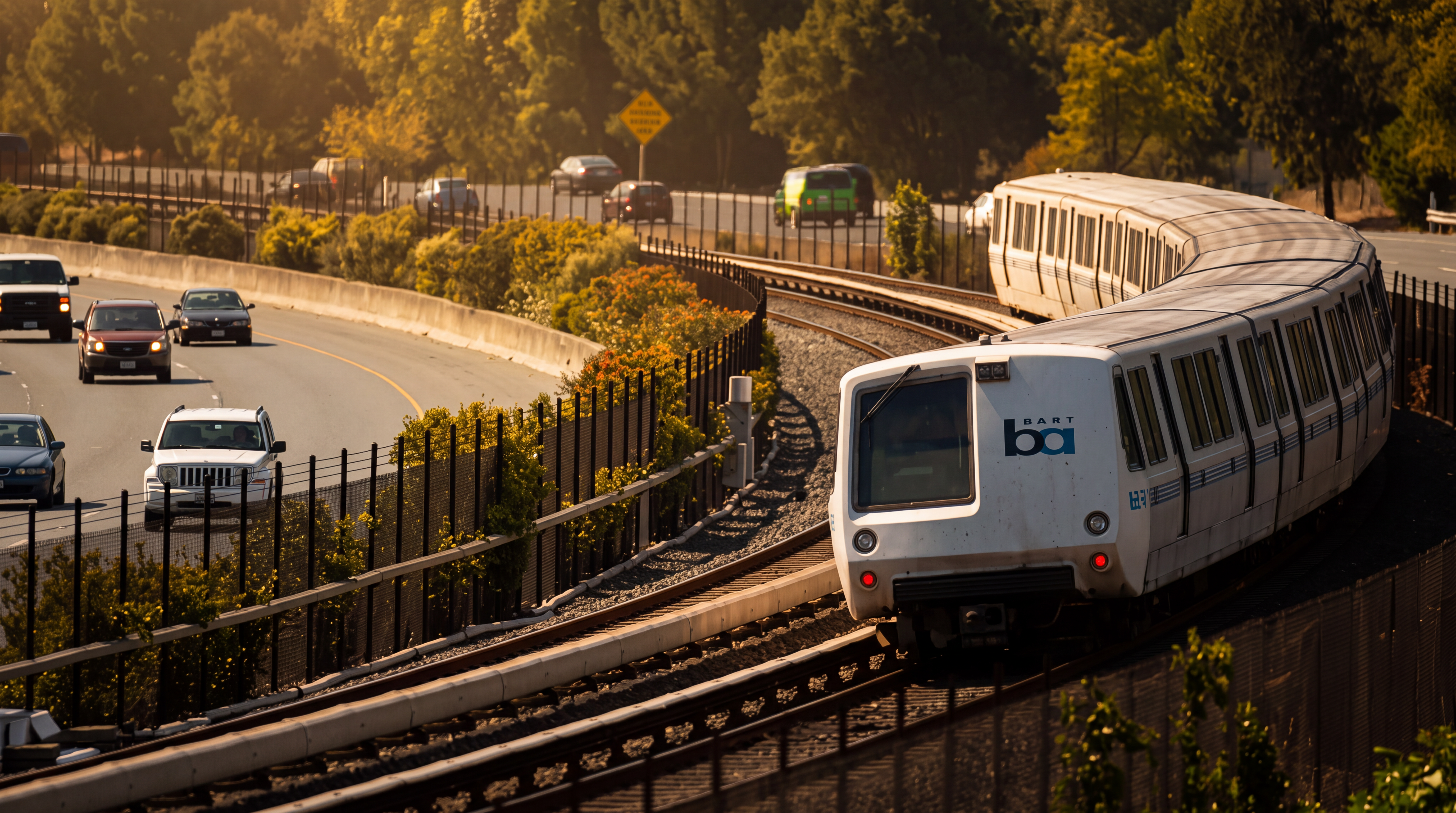 This image shows a modern BART train traveling along an elevated concrete track through a residential area. The scene highlights the transit infrastructure and its proximity to the hillside housing development in the background. It emphasizes the convenience of public transportation access for the surrounding neighborhood.