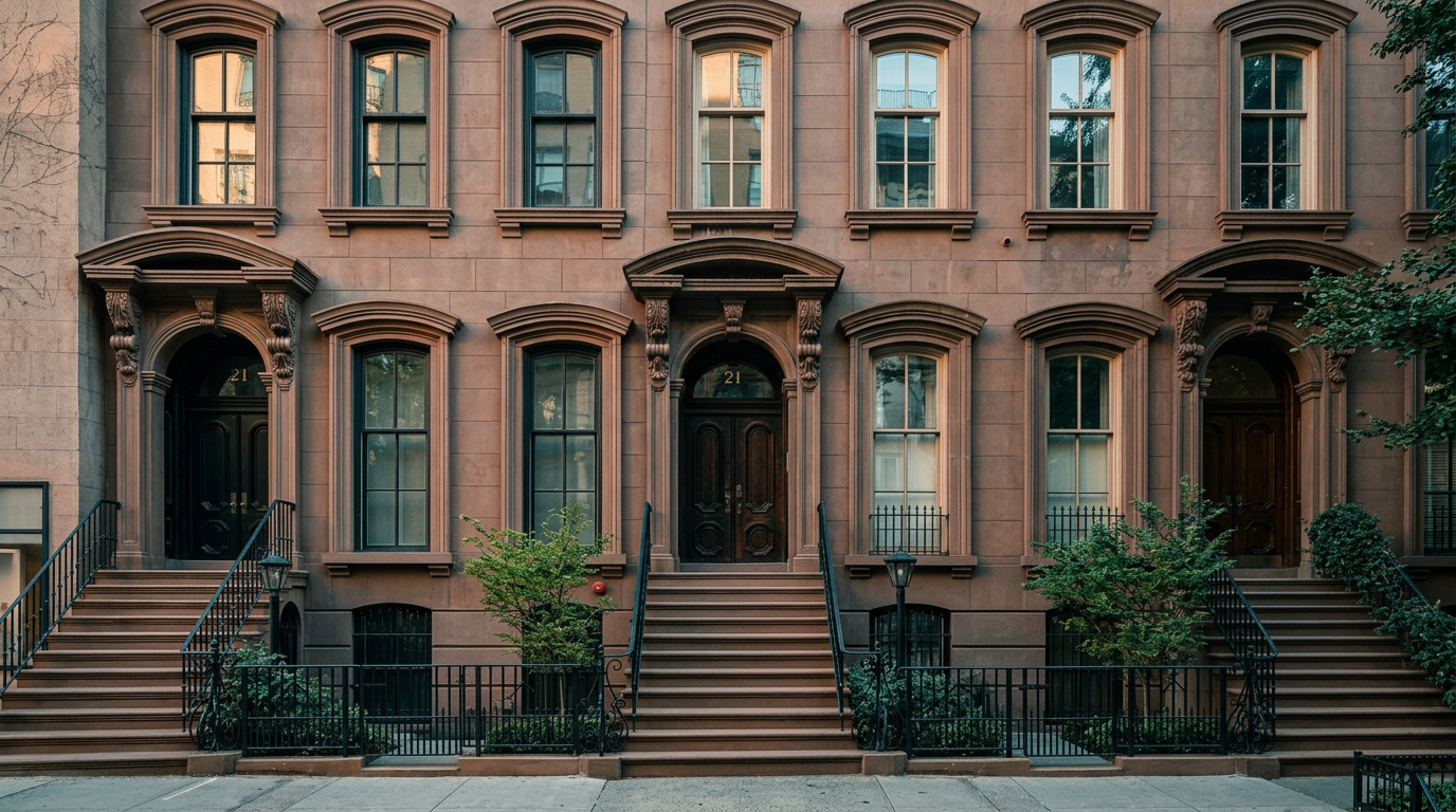 This image captures the elegant front facade of a classic brownstone townhouse, showcasing its rich, warm-toned masonry and intricate architectural detailing. A grand set of stone steps leads up to a prominent, arched entryway with double doors, while black iron railings and window frames provide a sophisticated contrast. The perspective is a low-angle, eye-level shot that emphasizes the building's height and historic urban charm.