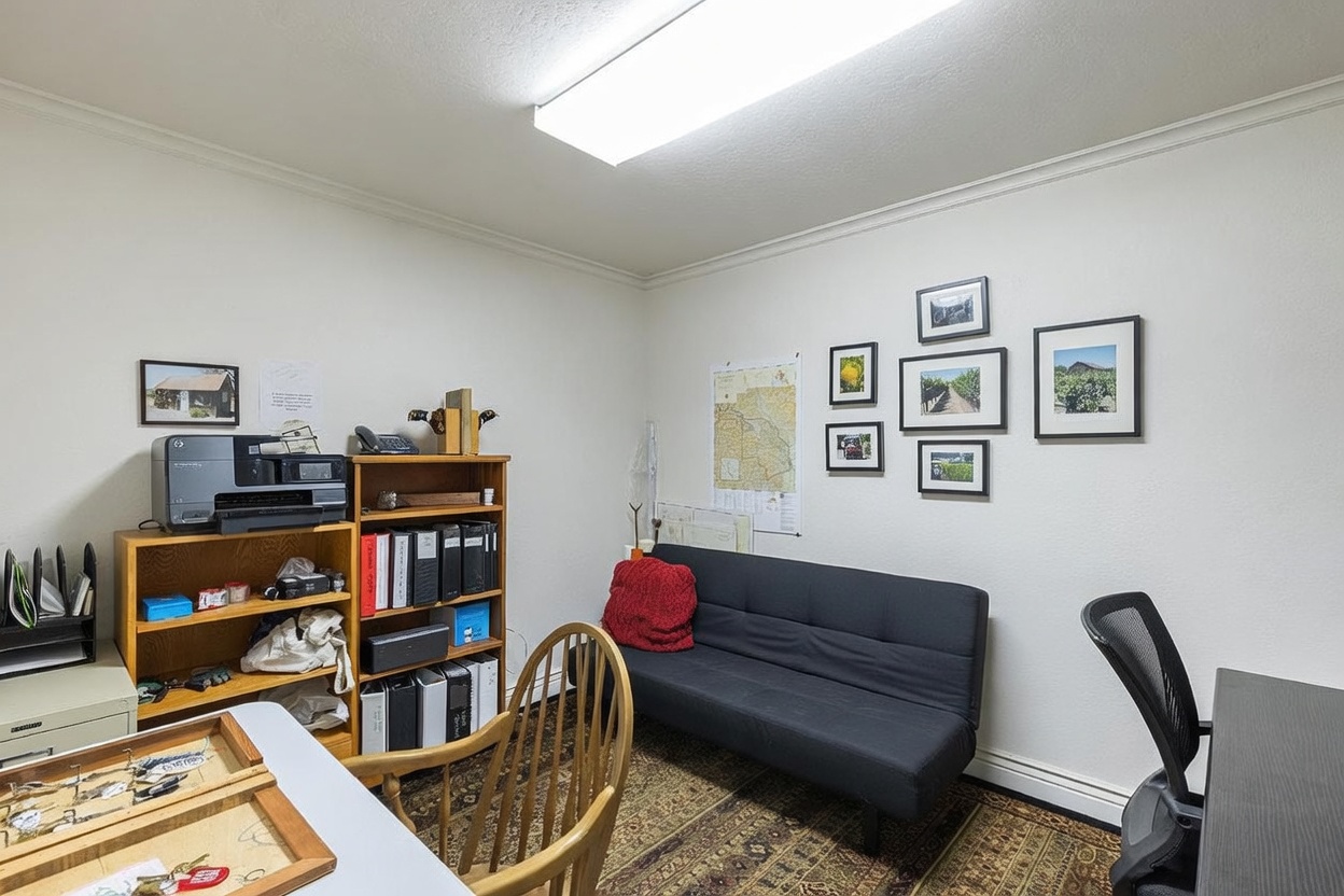 This functional home office features a black futon, a wooden bookshelf filled with binders and office equipment, and a desk area with a printer. The room is decorated with a gallery wall of framed photos and a map, all set atop a patterned area rug. The perspective is from the doorway, capturing the entire workspace in a bright, utilitarian setting.