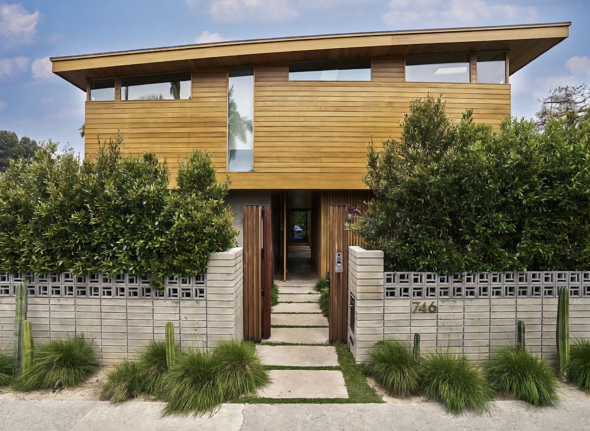 This modern residence features a striking facade clad in horizontal wood siding, accented by a vertical window and a series of clerestory windows under a wide, overhanging roofline. A concrete block wall with decorative open-work patterns encloses the front yard, which is landscaped with cacti and ornamental grasses. A central walkway made of concrete pavers leads through a wooden gate to the home's entryway, creating a clean, architectural aesthetic.