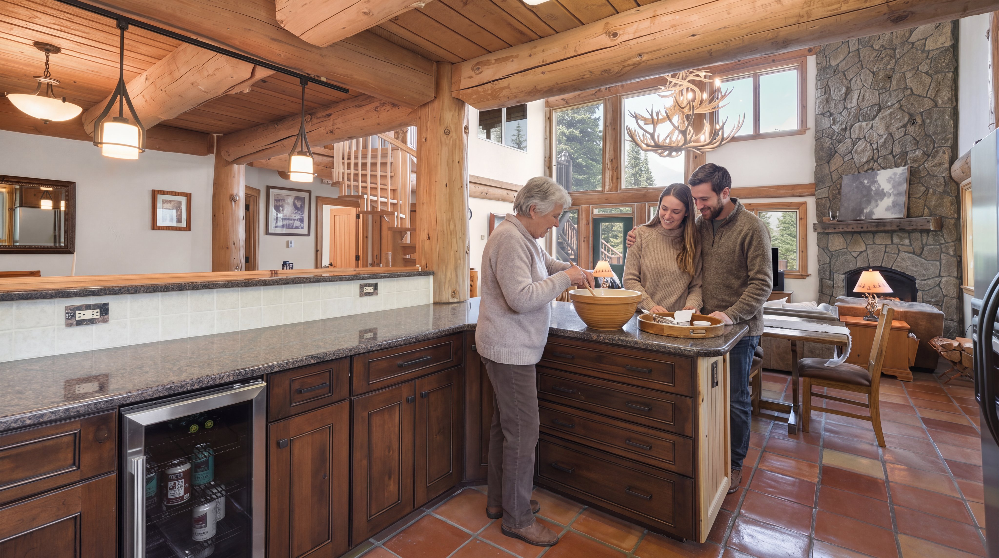 This rustic-style kitchen features natural wood beams and stone accents, creating a warm and inviting atmosphere. A spacious central island provides ample preparation space, while the cabinetry is crafted from rich, dark-toned wood. The open-plan layout connects the kitchen seamlessly to the adjacent living area, which includes a dramatic stone fireplace and a chandelier, making it an excellent space for family gathering and entertaining.