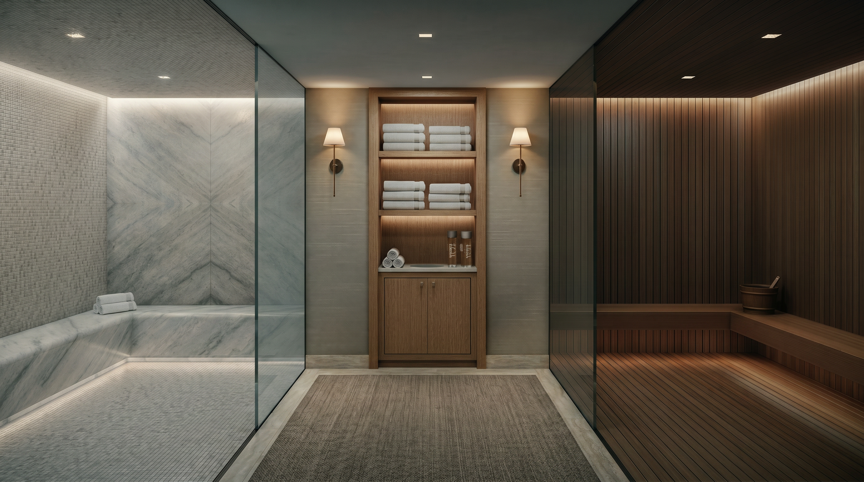 This spa facility features a symmetrical layout with a steam room on the left and a sauna on the right, both enclosed by floor-to-ceiling glass panels. A central wooden storage unit provides neatly stacked towels and amenities, flanked by elegant wall sconces. The space is finished with light-toned stone flooring and wood paneling, creating a serene and luxurious atmosphere.