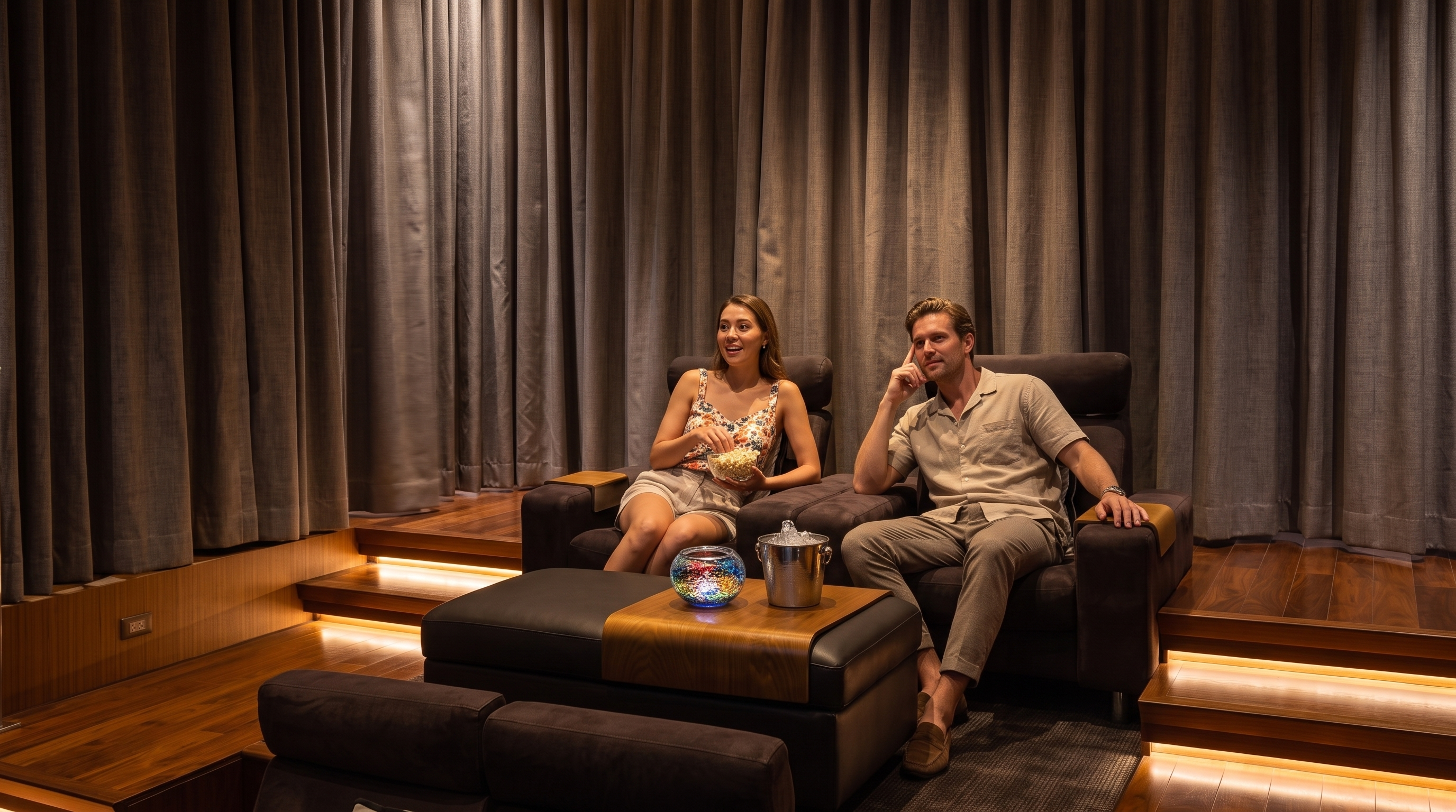 This image showcases a tiered home theater room featuring plush, dark-toned seating arranged on two levels. The space is defined by warm wood paneling, illuminated stair treads, and heavy, floor-to-ceiling drapery that wraps around the perimeter. The ceiling features geometric acoustic panels, creating a sophisticated and immersive cinematic environment.
