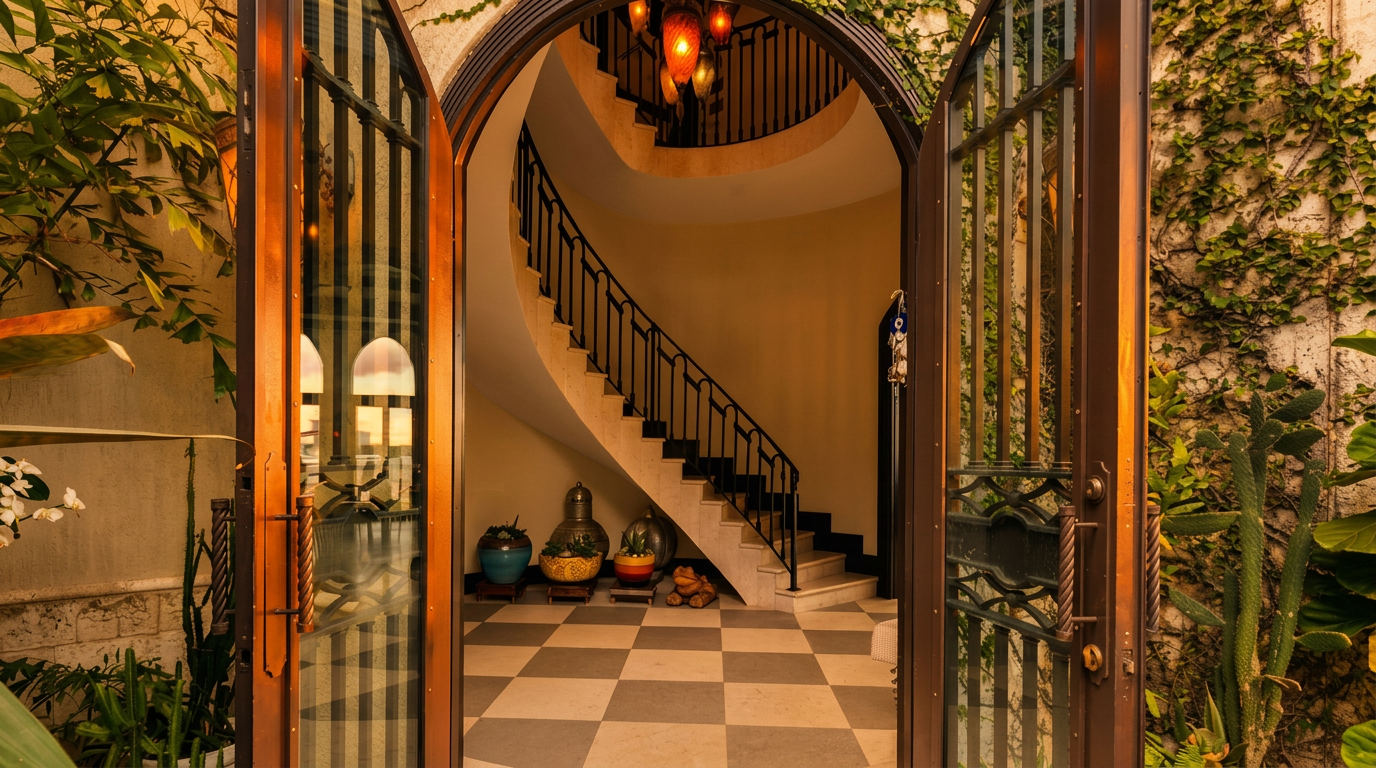 This inviting entryway features a grand, arched doorway with ornate metal-framed glass doors that open into a bright foyer. Inside, a sweeping curved staircase with a dark metal railing serves as the focal point, complemented by a checkerboard-patterned floor and decorative pottery. The exterior threshold is framed by lush greenery and climbing vines, creating a sophisticated and welcoming transition into the home.