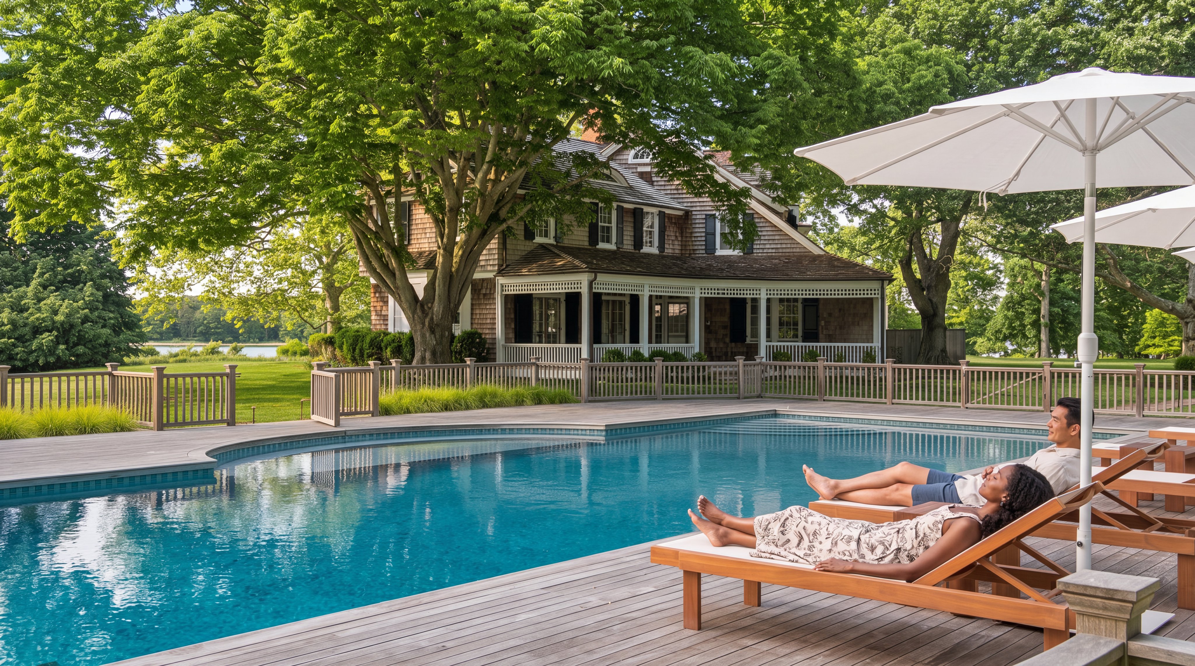 This stunning outdoor space features a pristine, custom-shaped swimming pool surrounded by a spacious wood deck. A couple relaxes on lounge chairs under a white patio umbrella, with a large, charming coastal-style home and lush greenery as the backdrop. The setting is luxurious and peaceful, perfect for leisure and entertaining in a private backyard.
