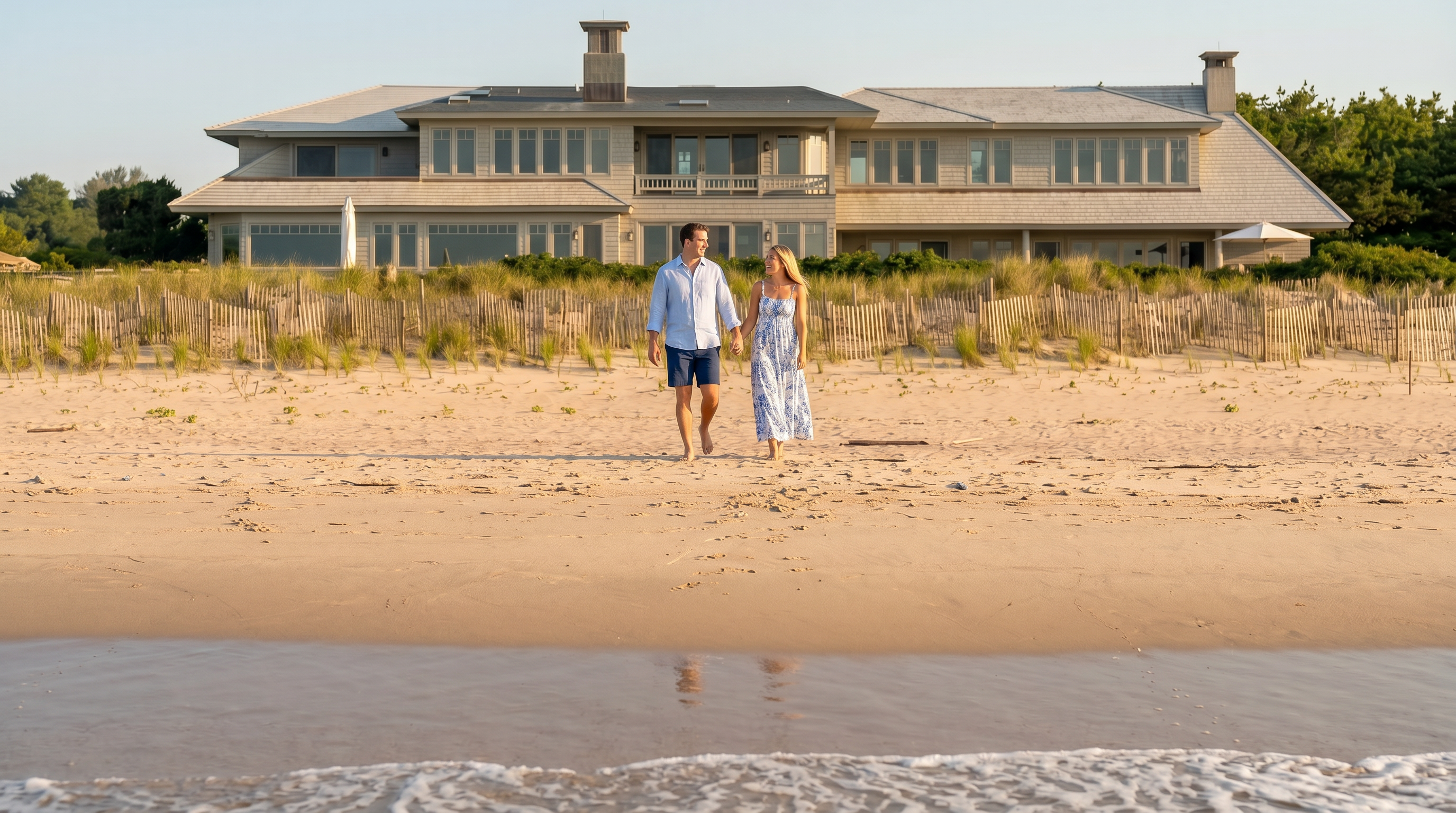 This expansive, multi-level coastal residence is captured from the perspective of the ocean, showcasing its prominent position behind a sandy beach and dune grass. The home features a light-colored exterior with numerous large windows and a sprawling deck area, set against a backdrop of lush green trees. The composition emphasizes the property's secluded, waterfront lifestyle and architectural integration with the natural landscape.