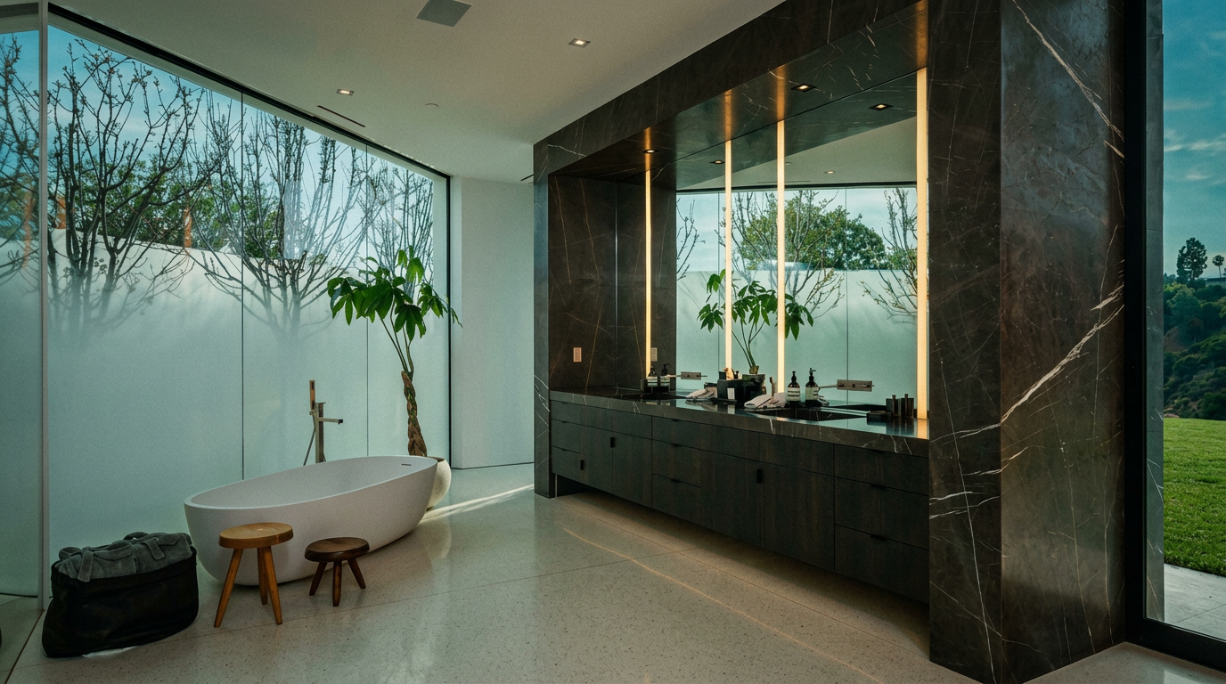 This luxurious primary bathroom features a sleek, modern design with dark marble walls, a minimalist freestanding soaking tub, and a long vanity with integrated lighting. Large floor-to-ceiling windows provide an expansive view of the outdoors, creating a seamless connection between the interior and the landscape. The combination of high-end materials and natural light gives the space an elegant, spa-like atmosphere.