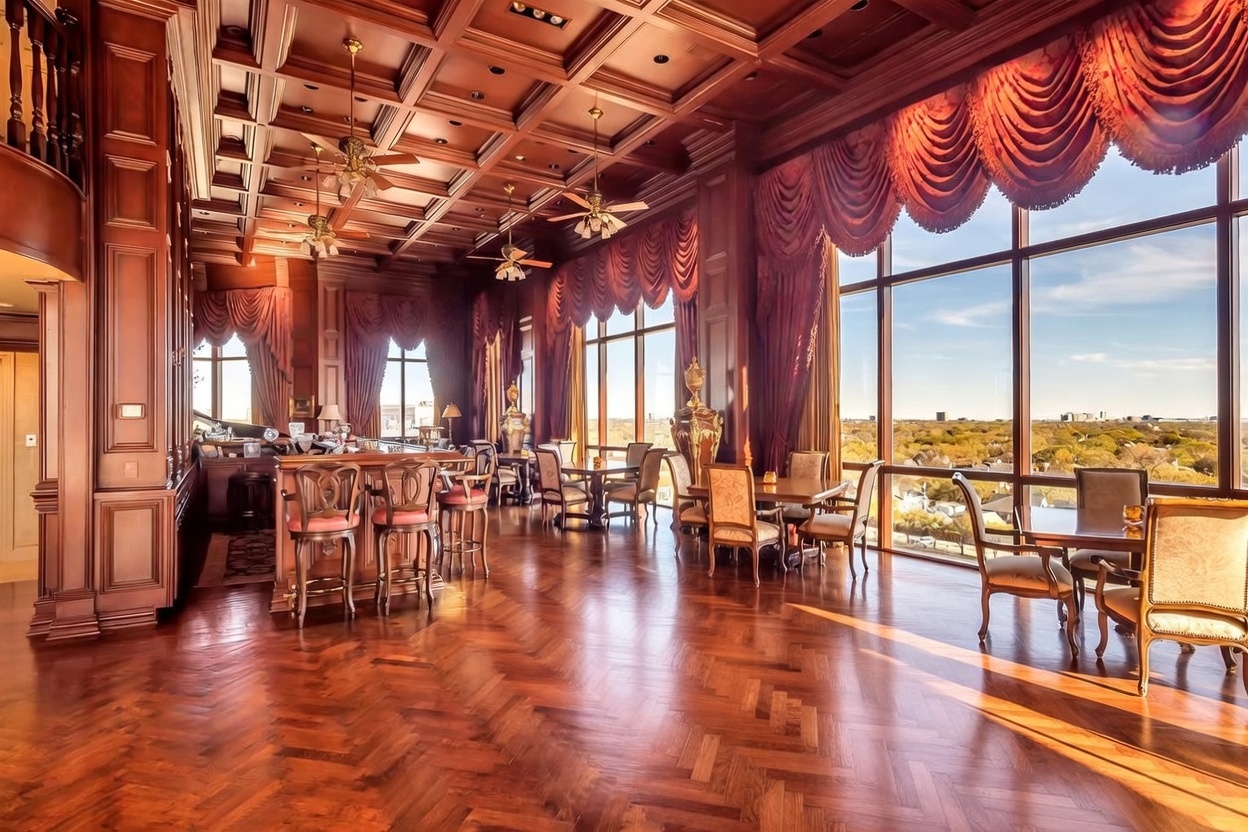 This expansive, opulent game room features a prominent red-felt pool table in the foreground and a built-in bar area in the background. The space is defined by rich, dark wood paneling, a coffered ceiling with multiple ceiling fans, and herringbone-patterned wood flooring. Large windows with heavy, ornate drapery provide an expansive view of the surrounding landscape, creating a sophisticated and luxurious atmosphere.