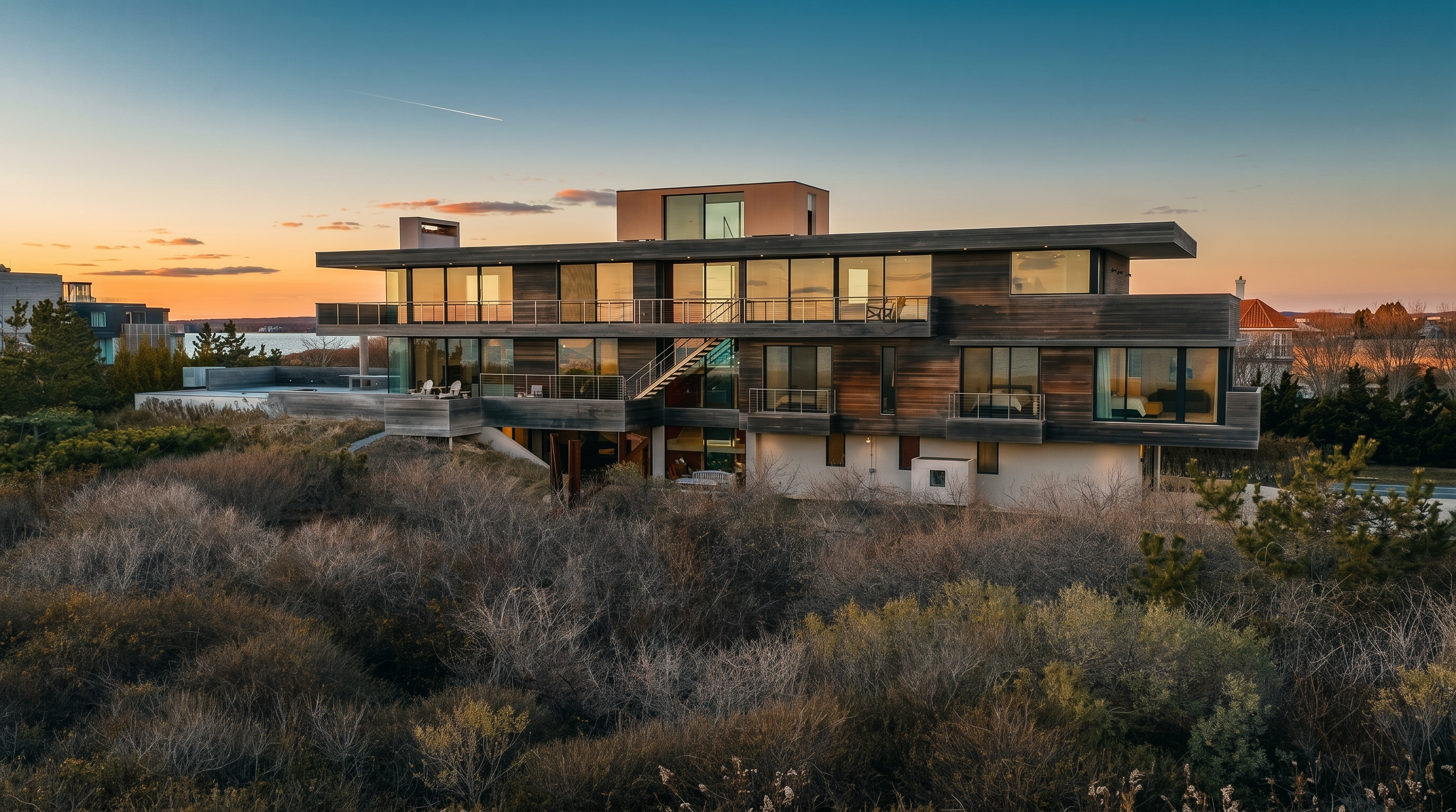This striking modern residence is captured from an elevated perspective, showcasing its multi-level, horizontal design nestled within a coastal landscape. The structure features extensive wood cladding, large expanses of glass, and multiple balconies that offer seamless indoor-outdoor transitions. The home is set against a serene sunset sky, emphasizing its contemporary architectural lines and integration with the surrounding natural dunes.