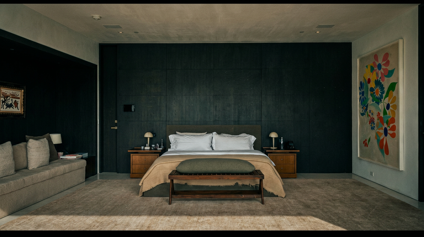 This spacious primary bedroom features a sophisticated, minimalist design with a striking dark wood accent wall behind the bed. The room is anchored by a neutral-toned area rug, a plush bed with crisp white linens, and a vibrant, colorful floral art piece that adds a pop of personality to the otherwise monochromatic palette. A built-in bench and a cozy seating area to the left complete the luxurious, serene atmosphere of this modern suite.