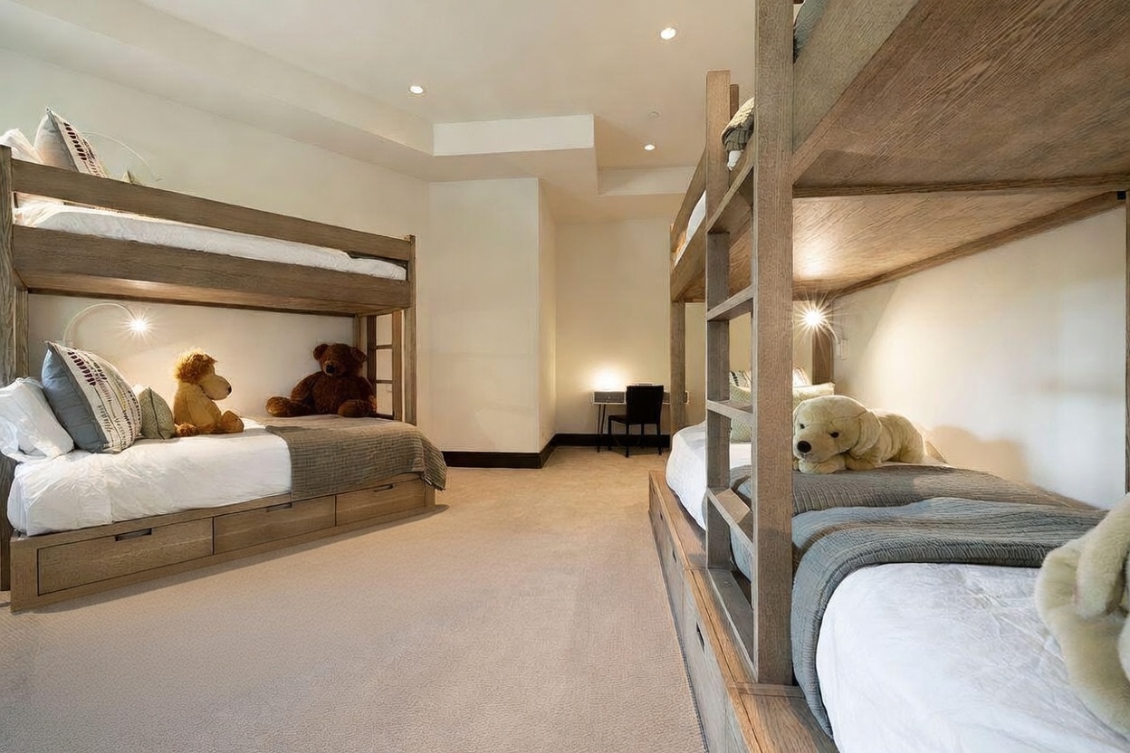 This spacious bunk room features two sets of light wood bunk beds, providing ample sleeping arrangements. A bright green patterned rug adds a pop of color to the neutral carpeted floor, while a small desk and chair are tucked into the back corner for a quiet study area. The room is illuminated by recessed lighting and wall-mounted reading lamps, creating a cozy and functional space for guests or children.
