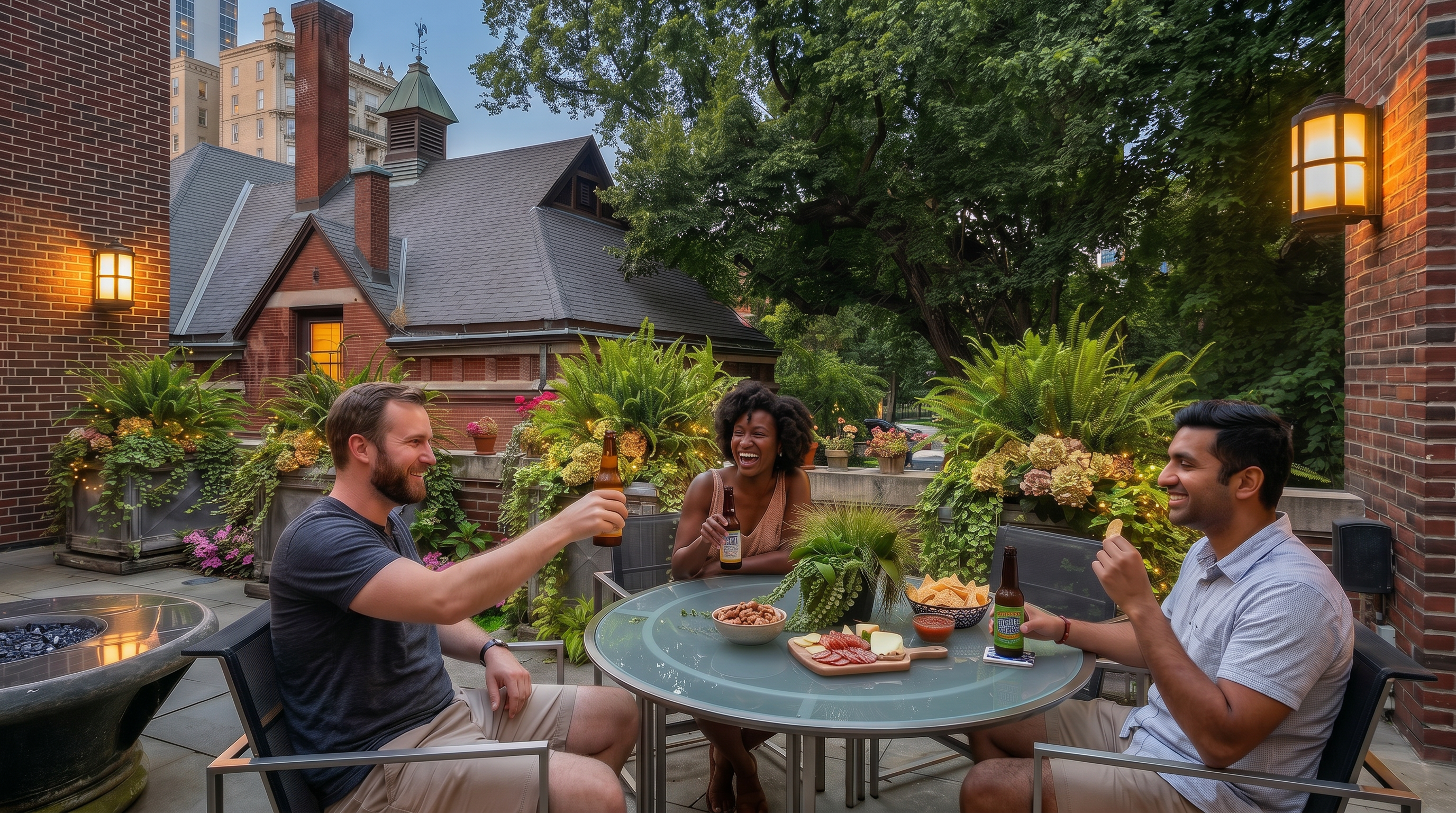 This inviting outdoor terrace features a stone-paved floor and a circular glass-topped dining table surrounded by modern metal-framed chairs. Lush potted ferns and vibrant pink flowers add a touch of natural elegance, while the surrounding brick walls and mature trees create a private, serene atmosphere. The perspective captures a peaceful urban retreat with a view of a historic-style brick building in the background.
