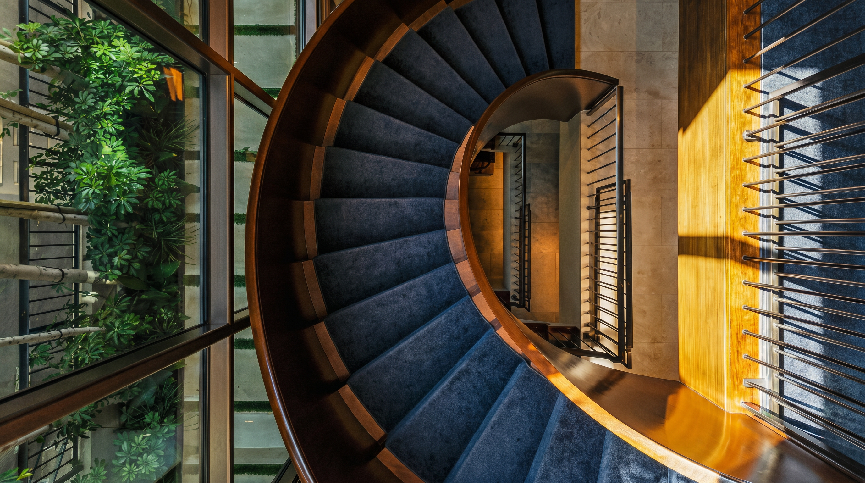 This high-angle, cinematic shot captures a striking spiral staircase with dark, carpeted treads and a polished wood handrail. To the left, a wall of floor-to-ceiling glass panels reveals a lush, vertical garden, creating a seamless connection between the interior architecture and nature. The composition emphasizes the dramatic curve of the stairs, which descend into a softly lit, neutral-toned lower level.