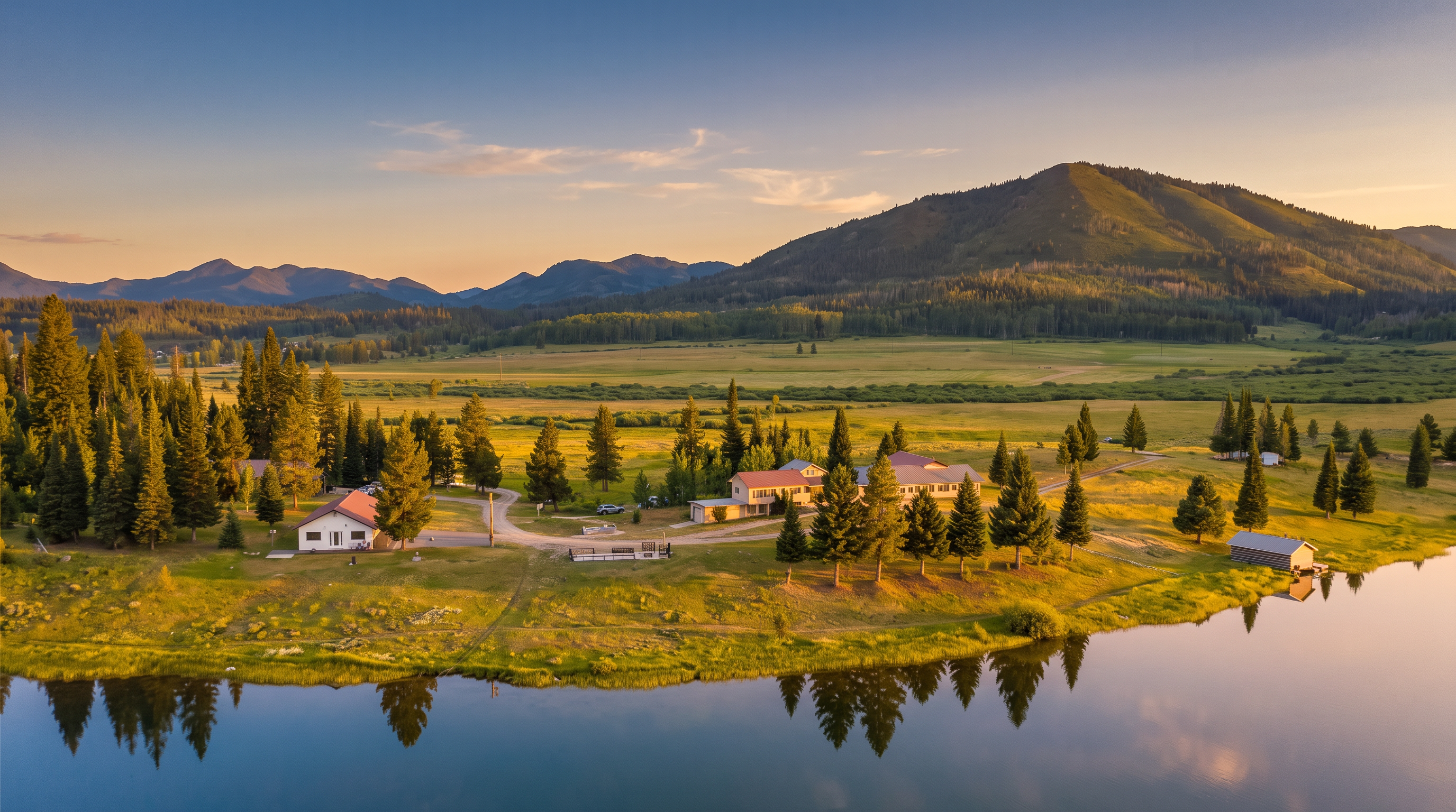 This expansive aerial view captures a serene lakeside property nestled in a vast, grassy valley surrounded by rolling hills and distant mountains. The site features multiple structures, including a primary residence and outbuildings, set against a backdrop of lush evergreen trees and a calm body of water. The perspective provides a comprehensive look at the property's generous acreage and its tranquil, secluded natural setting.