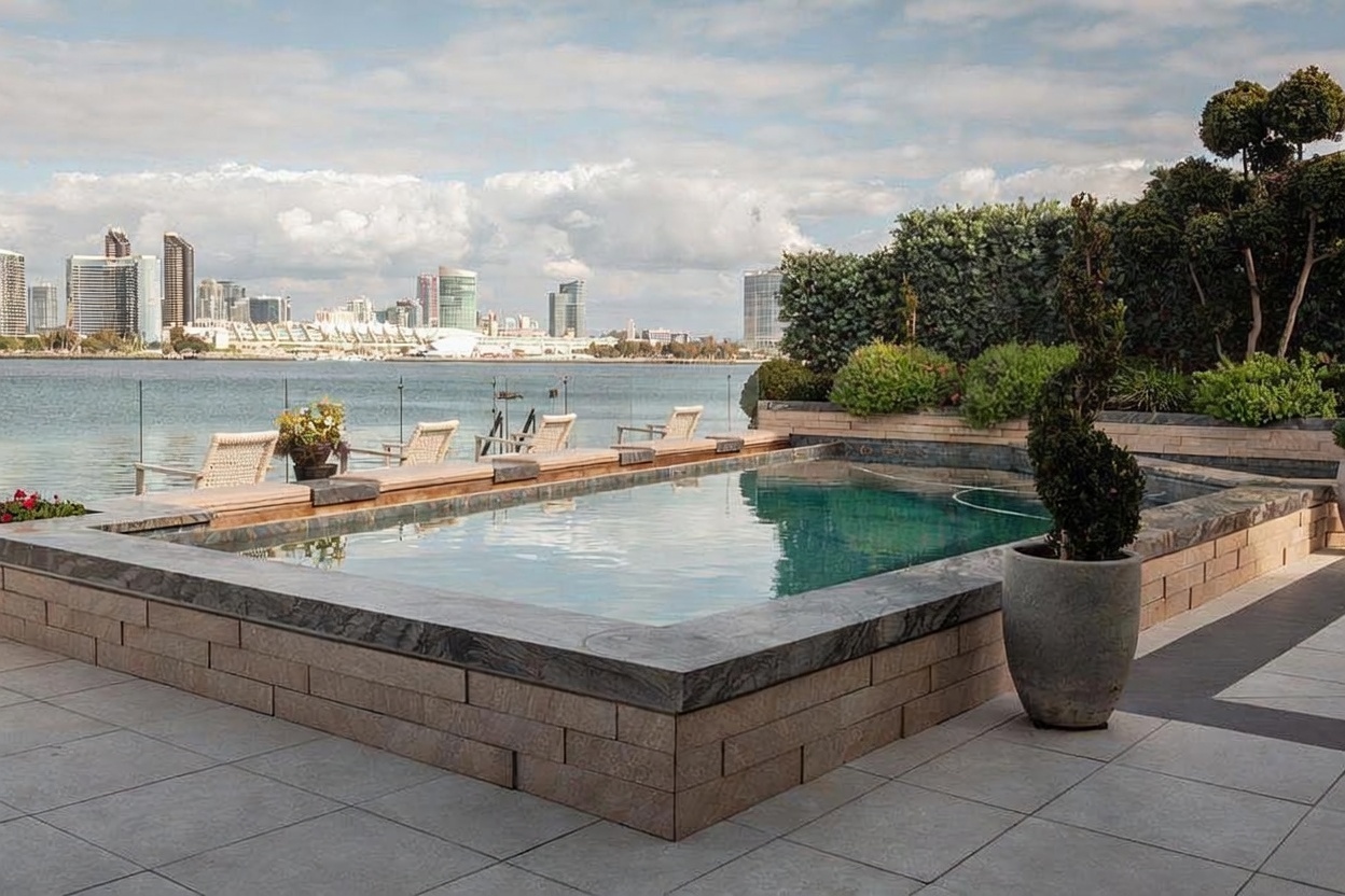 This elevated, rectangular swimming pool serves as a striking focal point, featuring a dark stone coping and a light-colored masonry base. The pool deck is paved with large, neutral-toned tiles, and the area is bordered by a glass railing that provides an unobstructed view of the bay and the distant city skyline. A potted spiral topiary adds a touch of greenery to the patio, while lounge chairs are positioned along the water's edge to take advantage of the scenic waterfront setting.