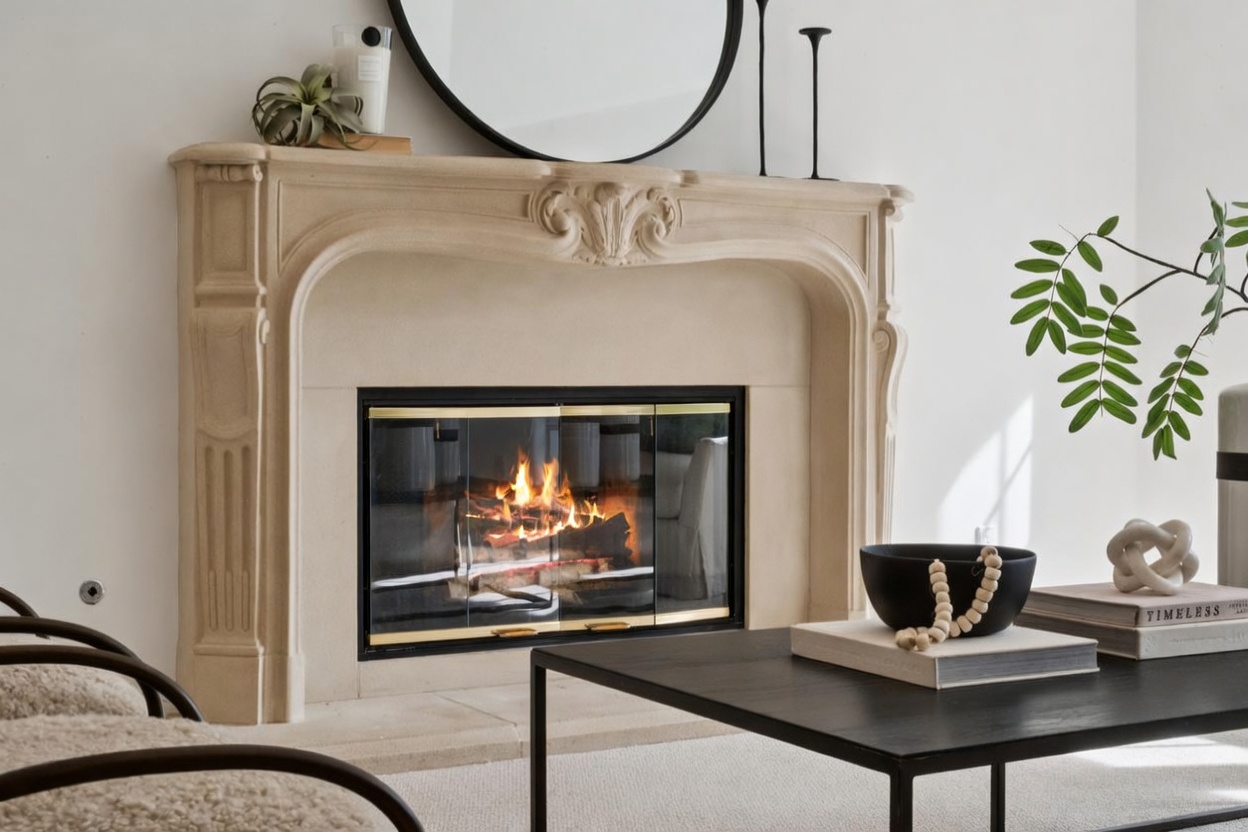 This living room space is anchored by an elegant stone fireplace mantel featuring intricate carved detailing and a traditional firebox with glass doors. The area is styled with a minimalist, contemporary aesthetic, featuring a sleek black coffee table topped with decorative books, a bowl, and a sculptural object, complemented by a large circular wall mirror and cozy, textured seating. The bright, neutral-toned room is accented by greenery, creating a sophisticated and welcoming focal point for the home.