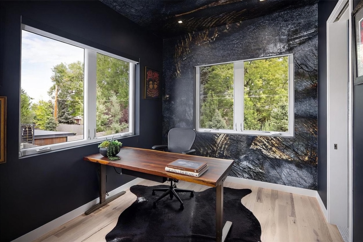 This modern home office features a striking accent wall and ceiling covered in a dark, textured mural that creates a dramatic, immersive atmosphere. A live-edge wood desk sits centrally on a black hide rug, complemented by a sleek ergonomic office chair. Large windows on two walls provide ample natural light and views of the surrounding greenery, balancing the bold, moody aesthetic of the room.