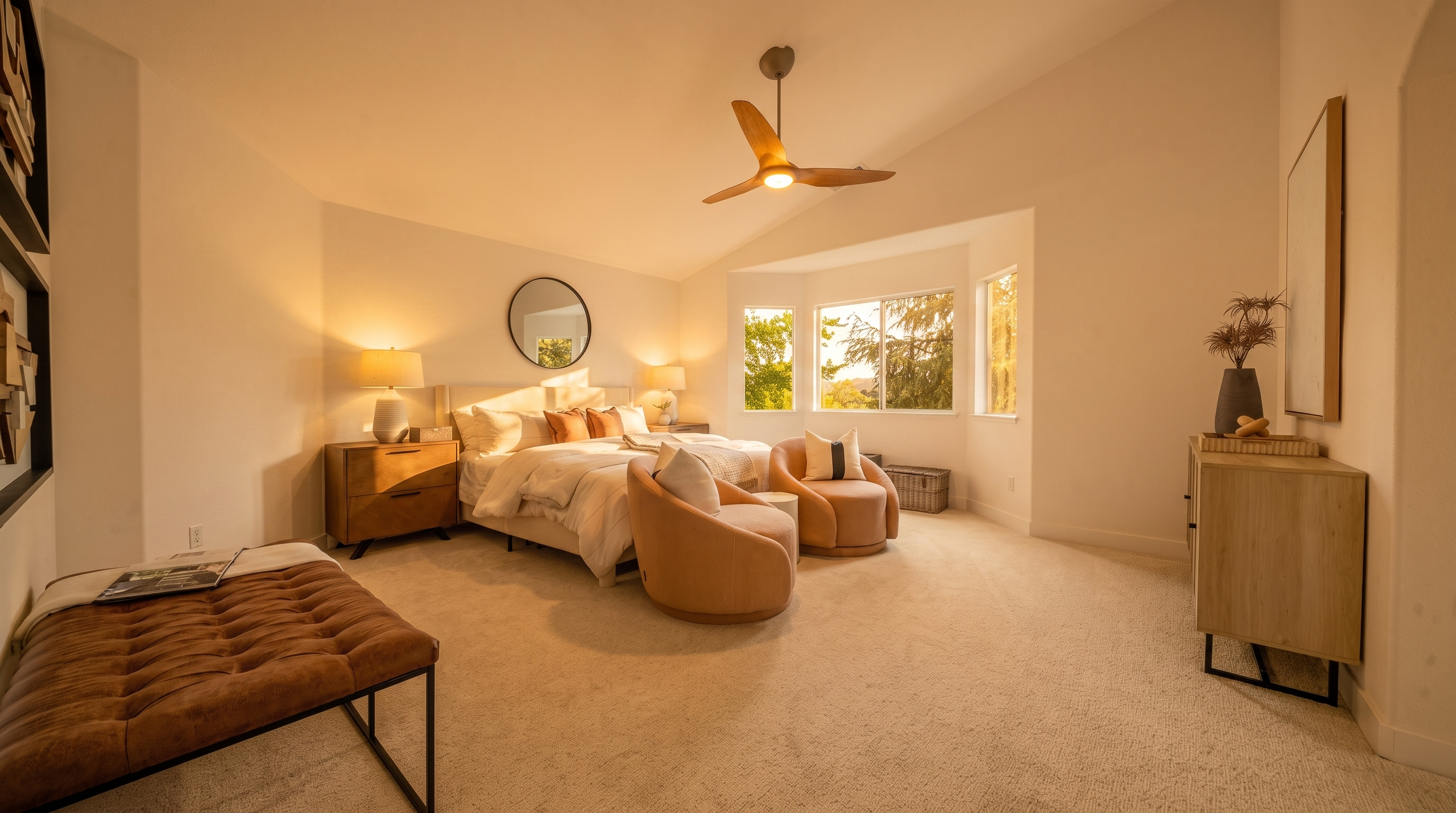 This spacious primary bedroom features a vaulted ceiling and a neutral color palette, creating an airy and serene atmosphere. The room is furnished with a central bed flanked by two wooden nightstands, a pair of rounded accent chairs, and a tufted leather bench at the foot of the bed. Large windows in the corner alcove provide ample natural light and a view of the outdoors, while a modern ceiling fan and circular wall mirror add contemporary design elements.