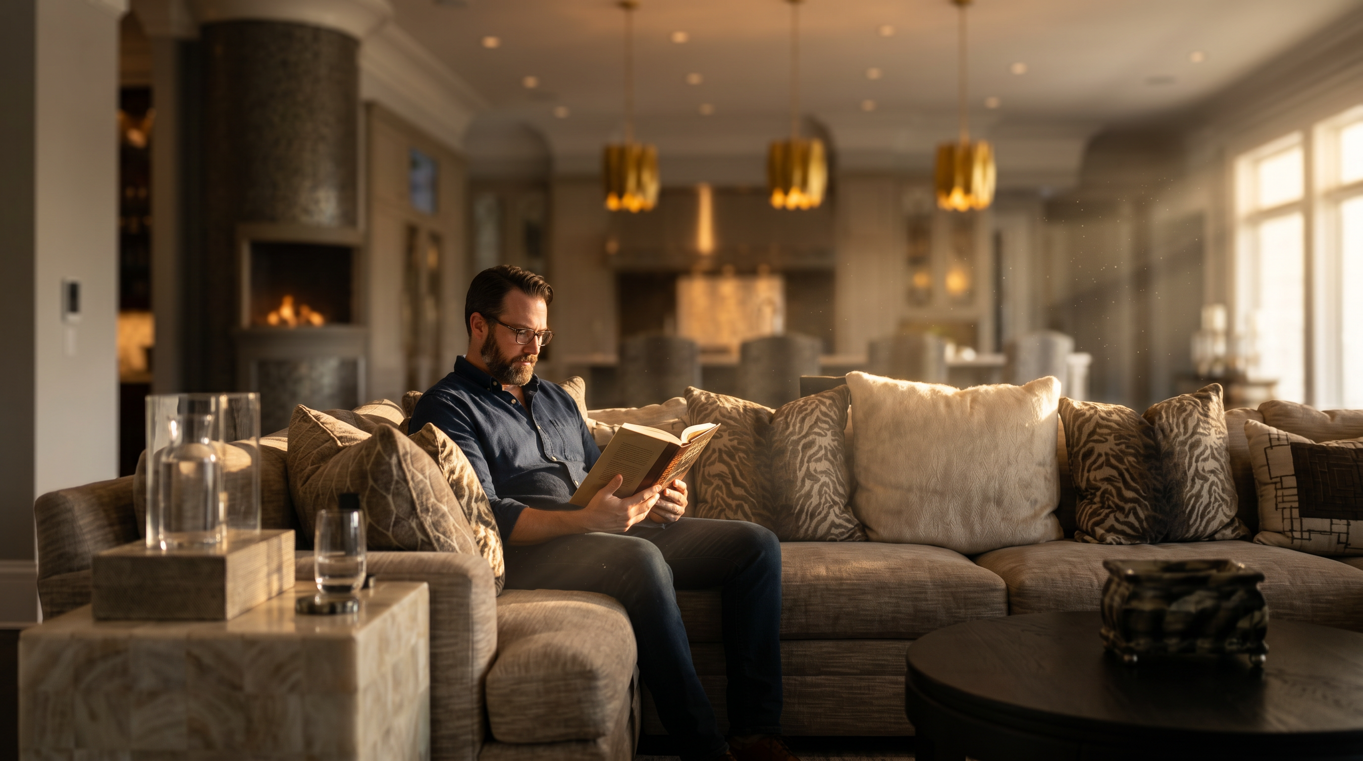 This expansive open-concept living area features a large, neutral-toned sectional sofa arranged around a dark circular coffee table on a textured area rug. A prominent, tall fireplace with a metallic, patterned surround serves as a central focal point, separating the living space from the kitchen area in the background. The room is finished with dark hardwood flooring, crown molding, and sophisticated lighting, creating an elegant and inviting atmosphere.