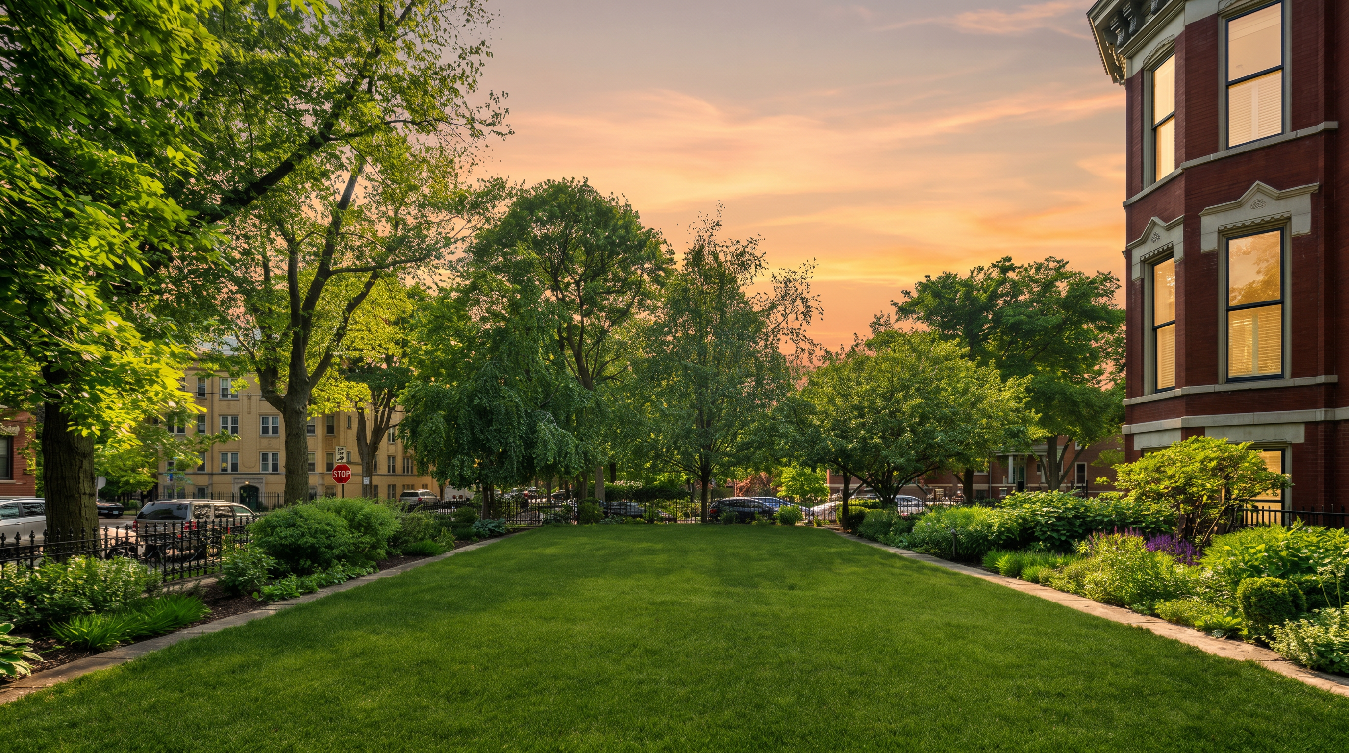 This image captures a well-manicured, expansive green lawn framed by stone borders and lush perimeter landscaping. To the right, a portion of a classic red brick building with tall windows is visible, while mature trees provide a canopy over the scene. The perspective is a wide-angle ground-level shot looking across the yard toward a quiet street with a stop sign in the distance.