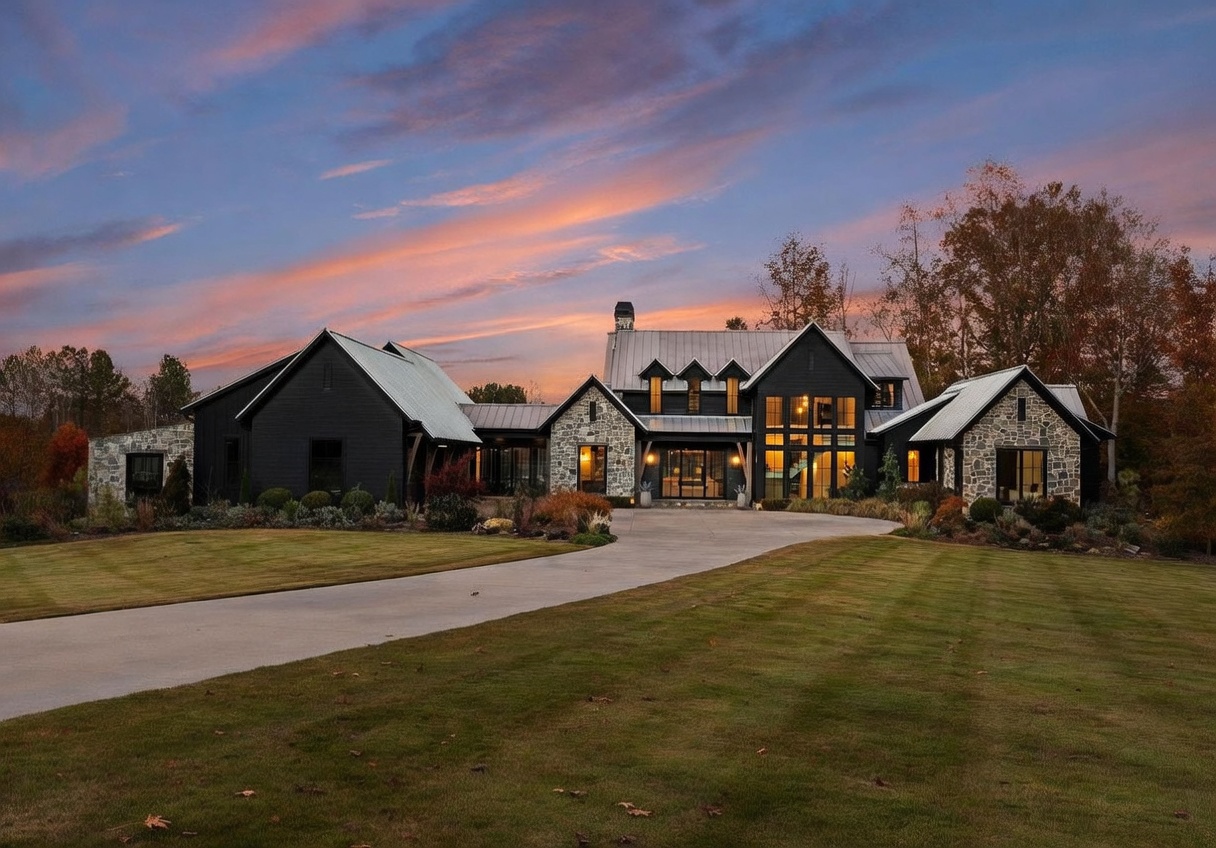 This striking modern farmhouse features a dramatic dark exterior contrasted by natural stone accents and a metal roof. The home is captured at dusk, with warm interior lighting glowing through large windows and a long concrete driveway leading up to the main entrance. The expansive lawn and mature trees frame the property, creating a sophisticated and inviting curb appeal.