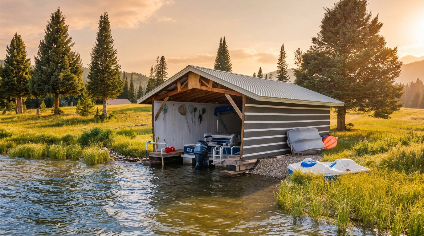 This image captures a rustic, open-sided boat house situated directly on the edge of a calm lake, surrounded by lush green grass and tall pine trees. The structure features horizontal siding and a metal roof, housing a pontoon boat with a Yamaha motor, while a small pedal boat rests on the rocky shoreline nearby. The perspective is a wide, eye-level shot that emphasizes the peaceful, recreational nature of the waterfront property.